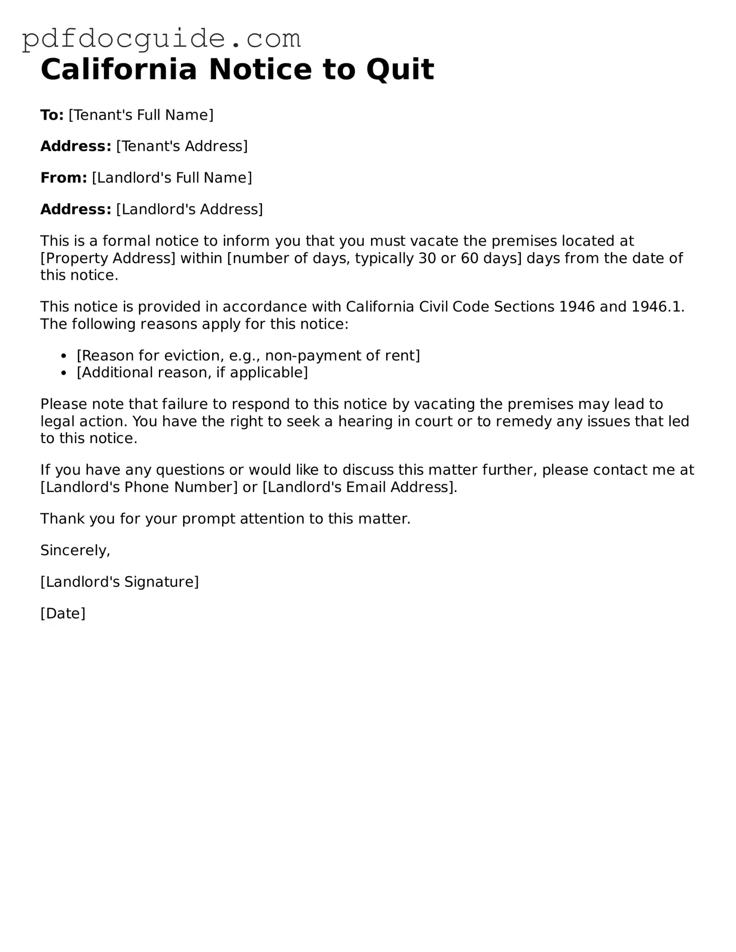 Valid  Notice to Quit Document for California