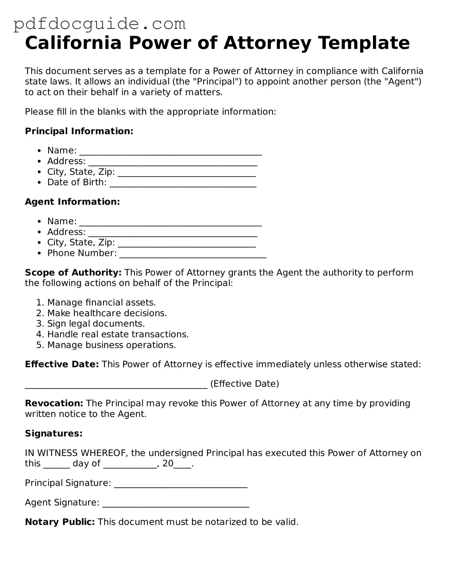 Valid  Power of Attorney Document for California