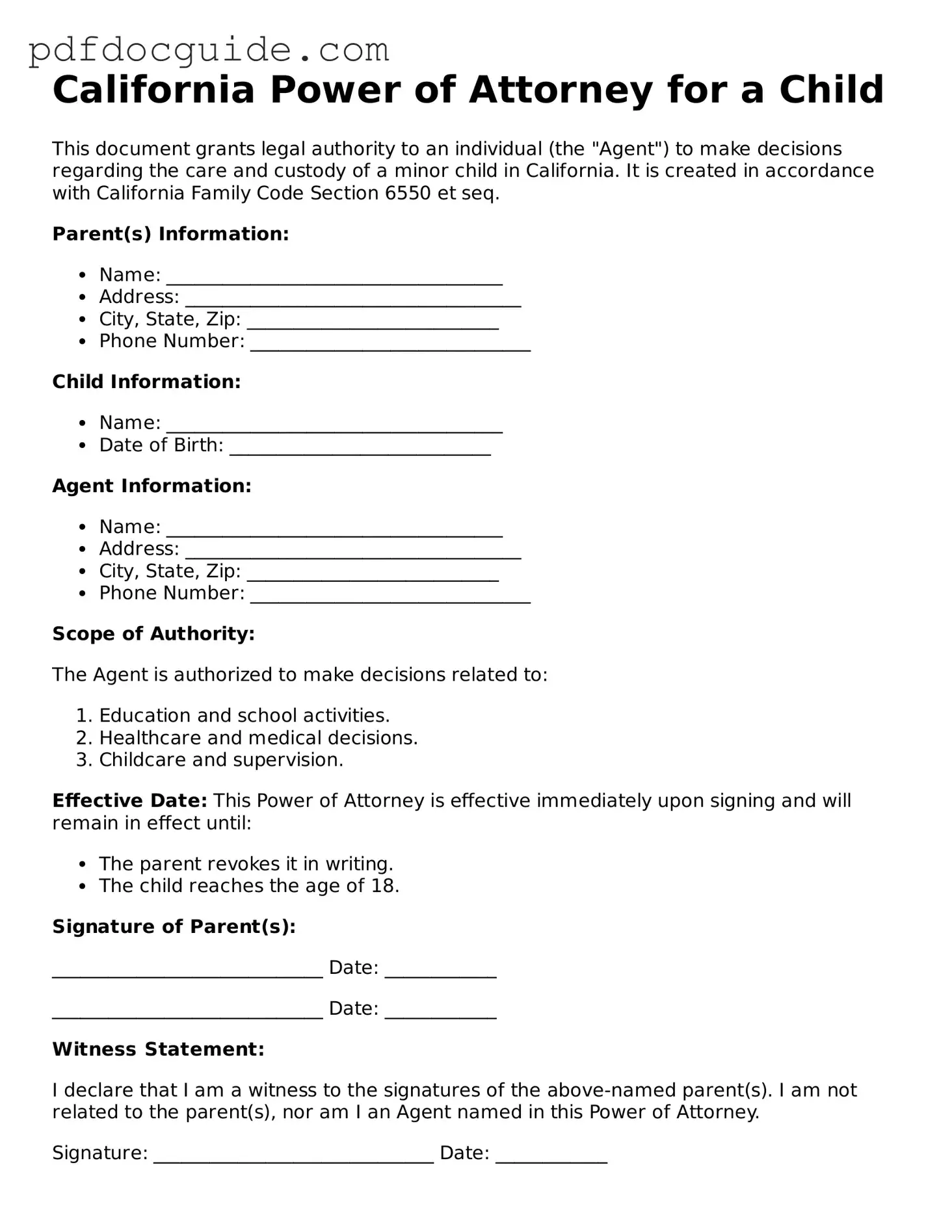 Valid  Power of Attorney for a Child Document for California