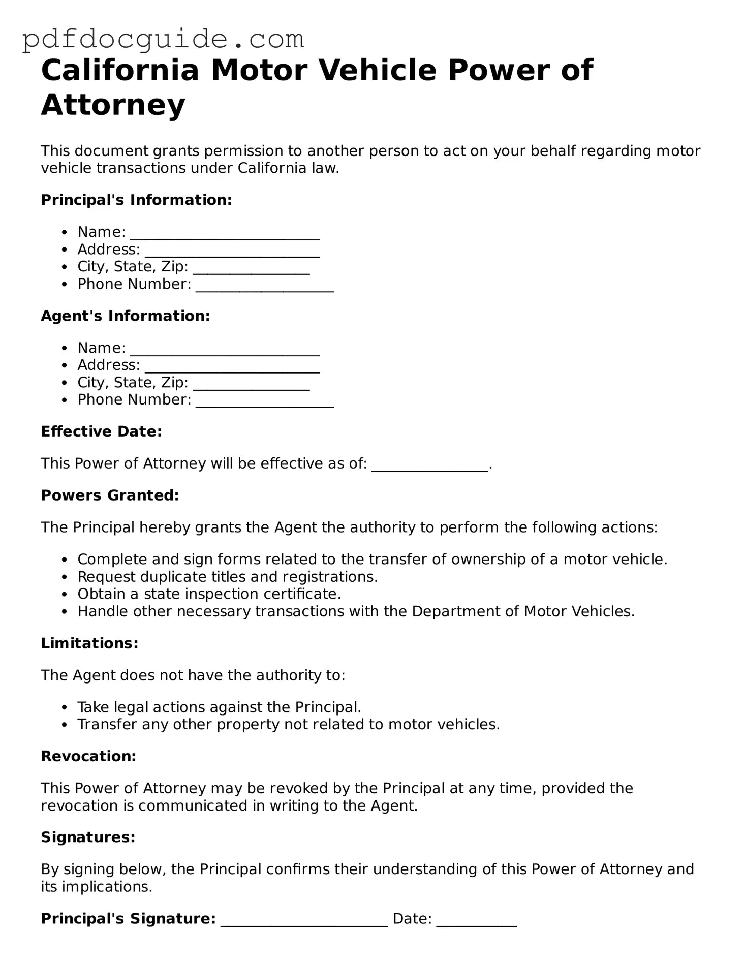 Valid  Motor Vehicle Power of Attorney Document for California