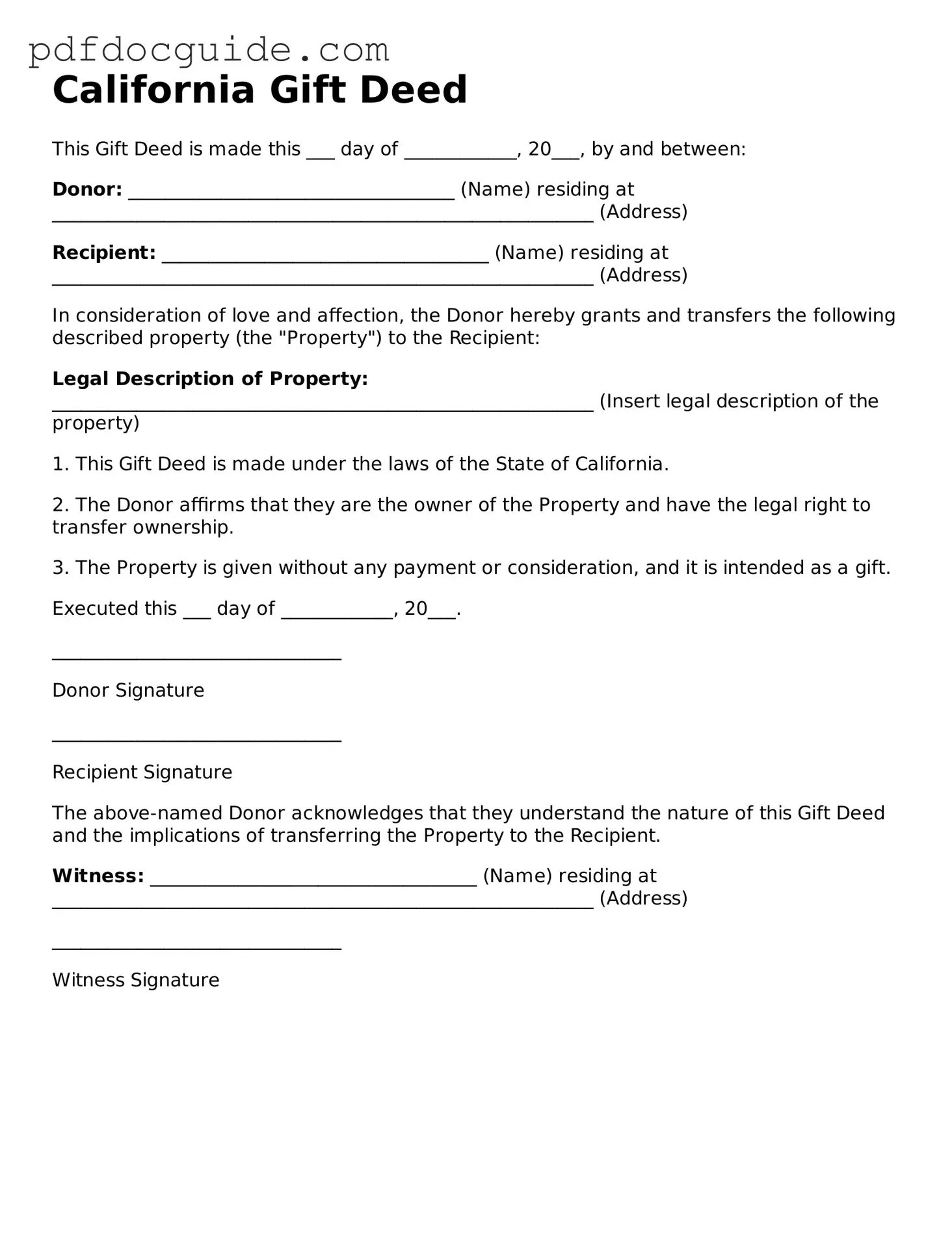Valid  Gift Deed Document for California