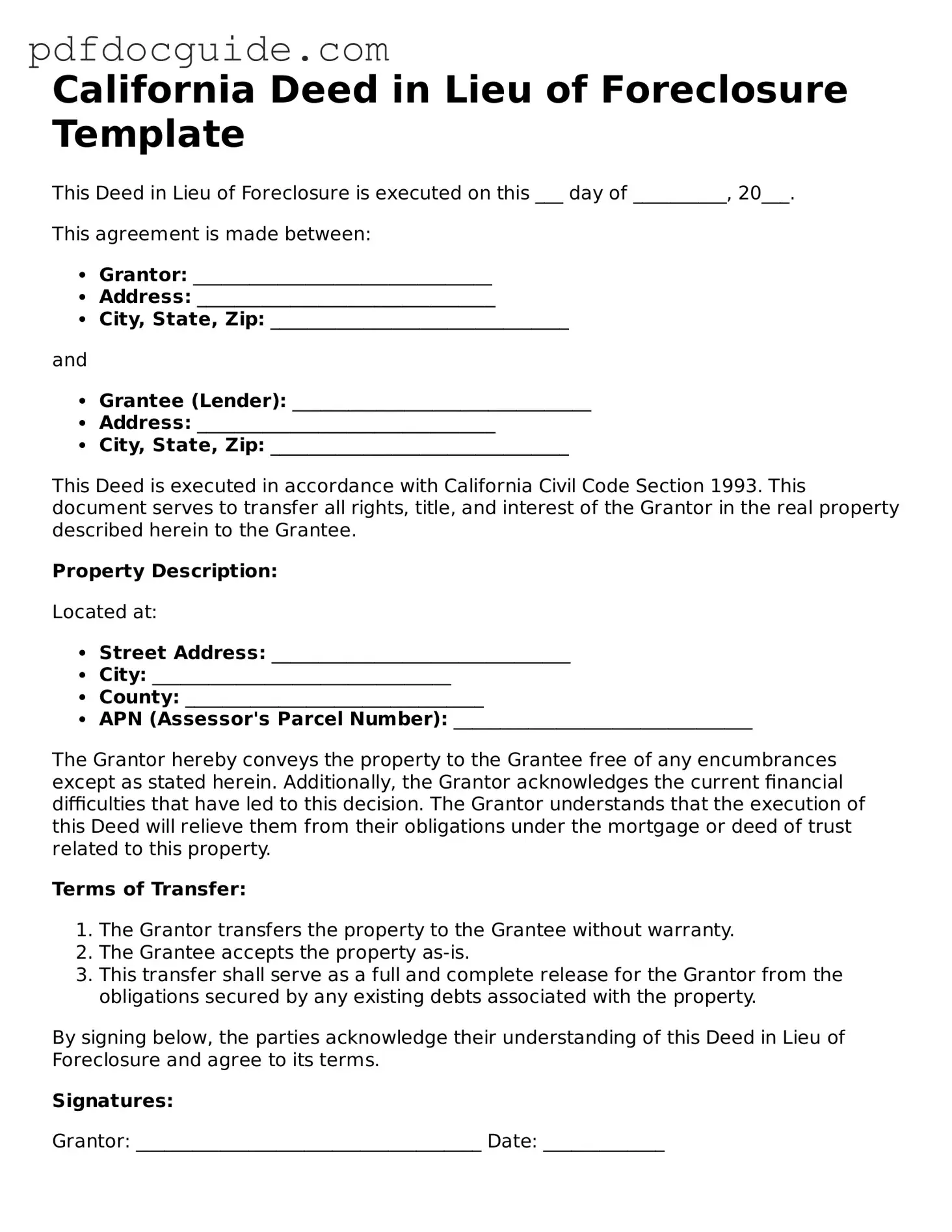 Valid  Deed in Lieu of Foreclosure Document for California