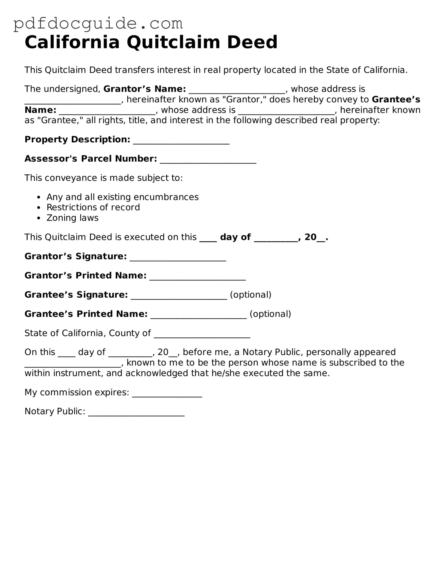 Valid  Quitclaim Deed Document for California