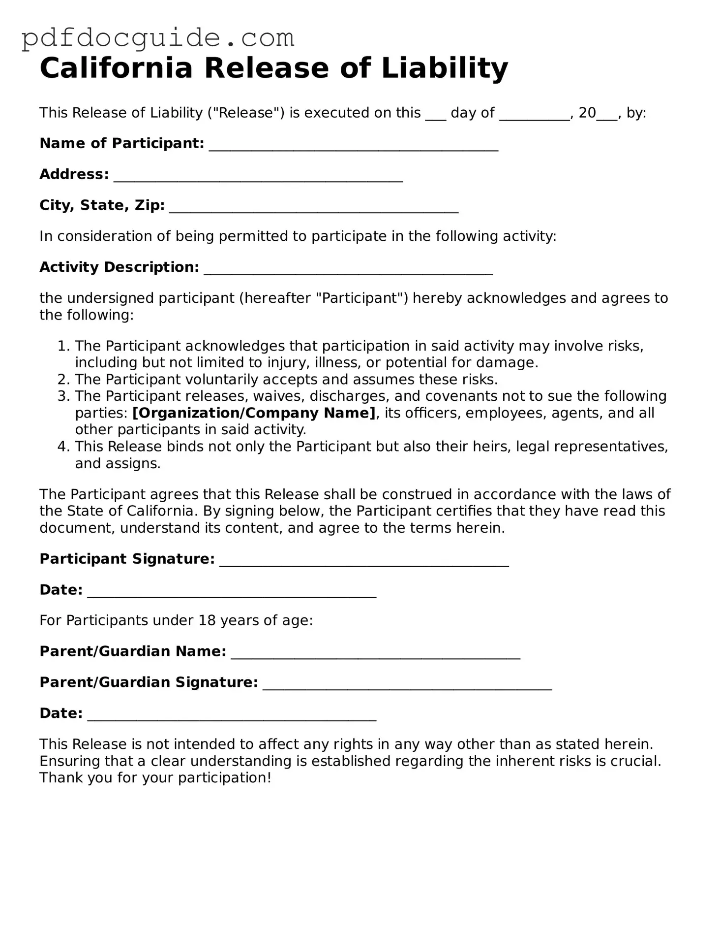 Valid  Release of Liability Document for California
