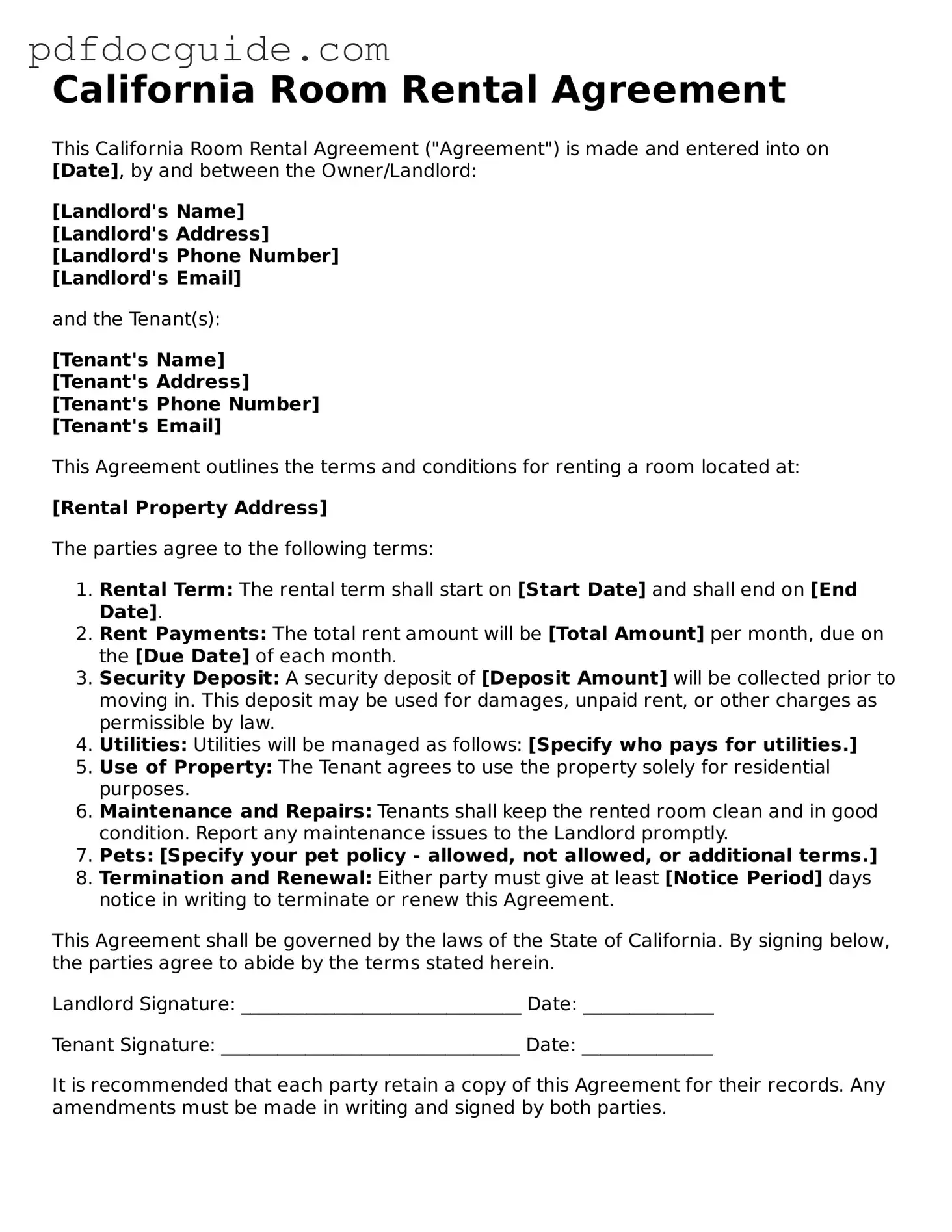 Valid  Room Rental Agreement Document for California