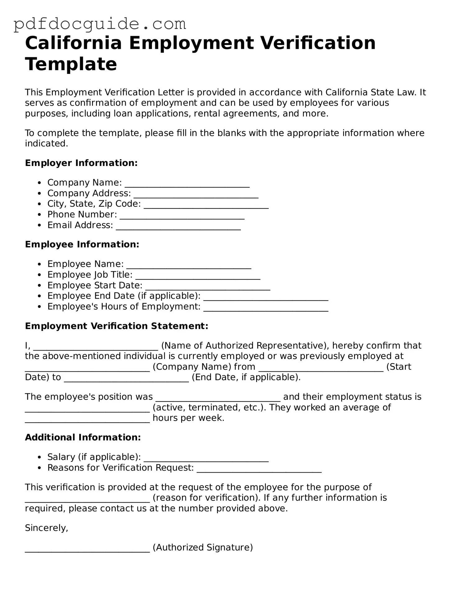 Valid  Employment Verification Document for California