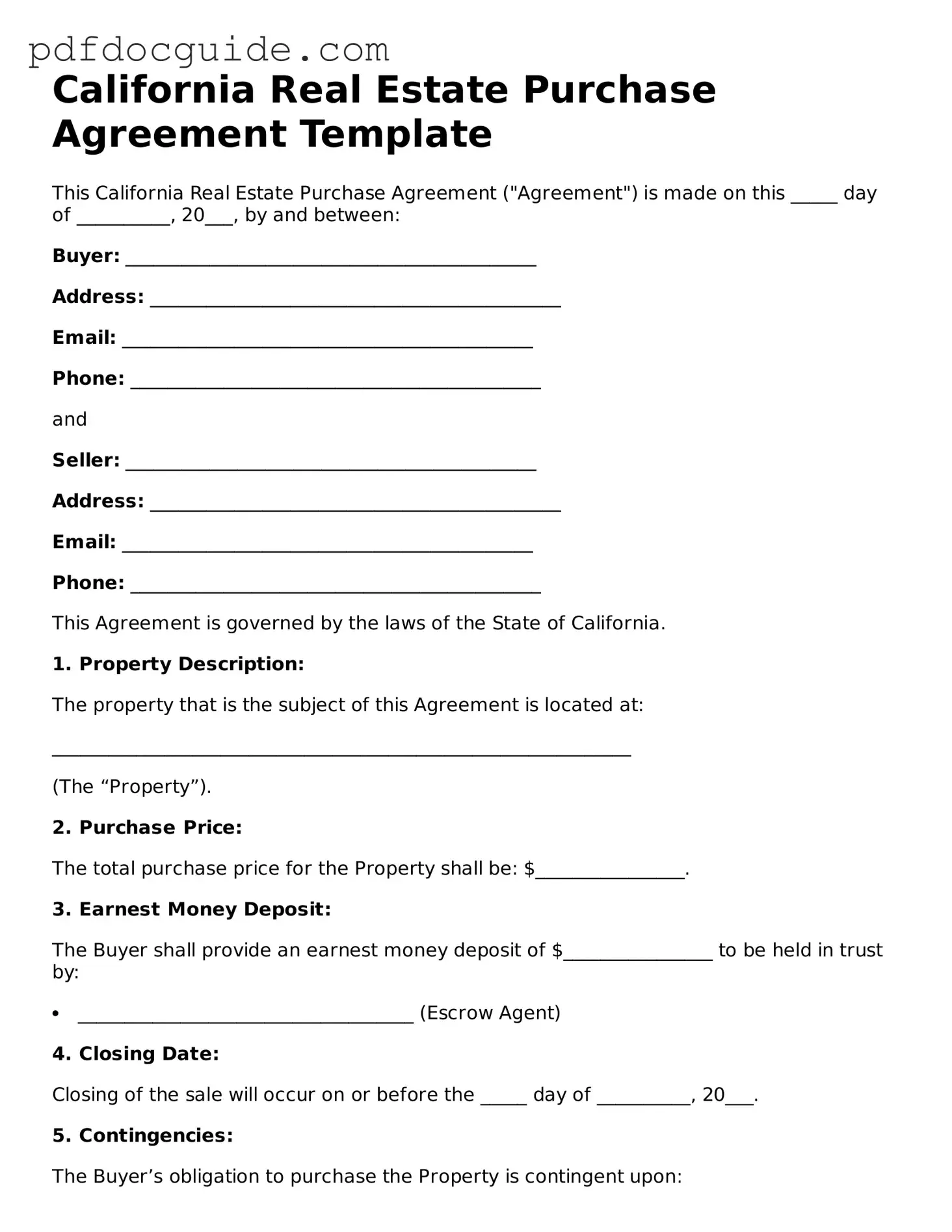 Valid  Real Estate Purchase Agreement Document for California