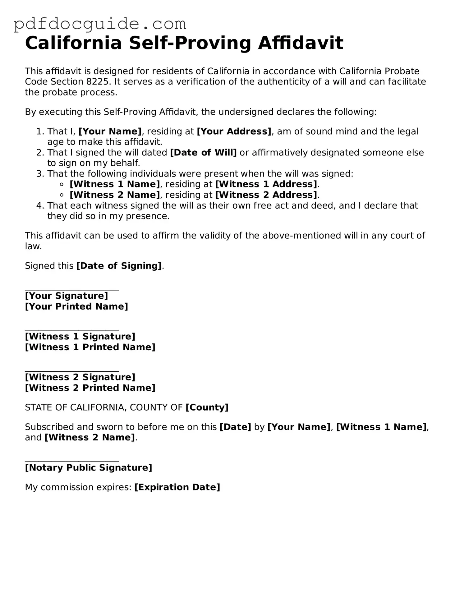 Valid  Self-Proving Affidavit Document for California