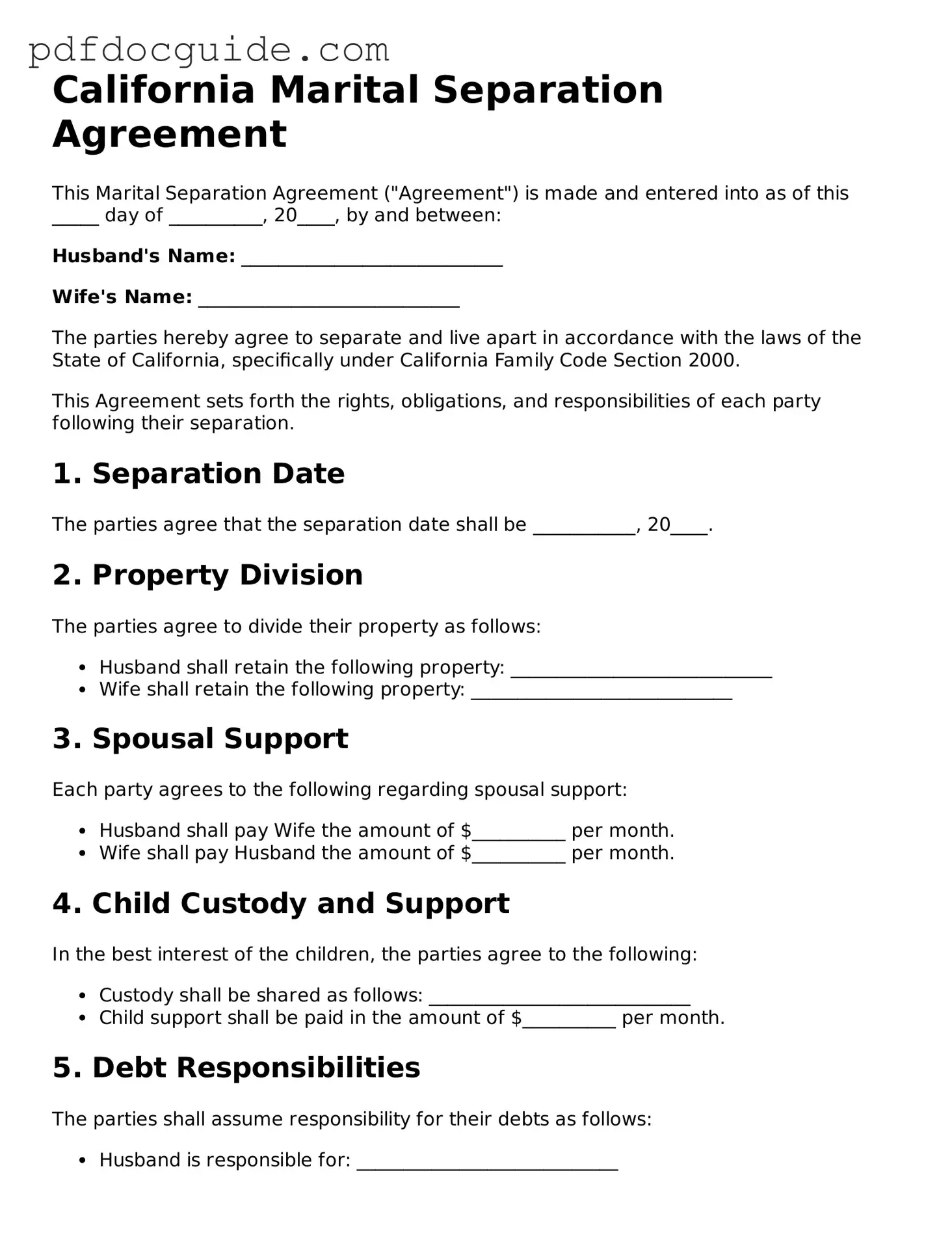 Valid  Marital Separation Agreement Document for California
