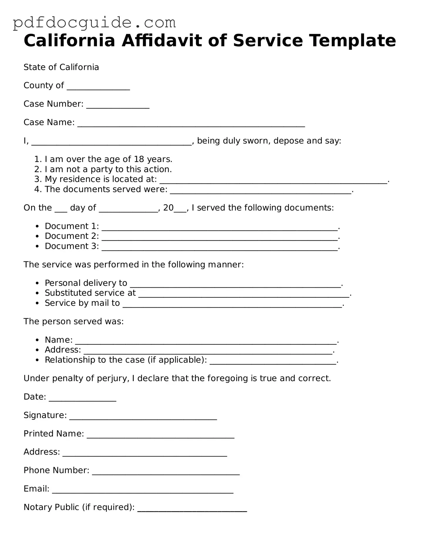 Valid  Affidavit of Service Document for California