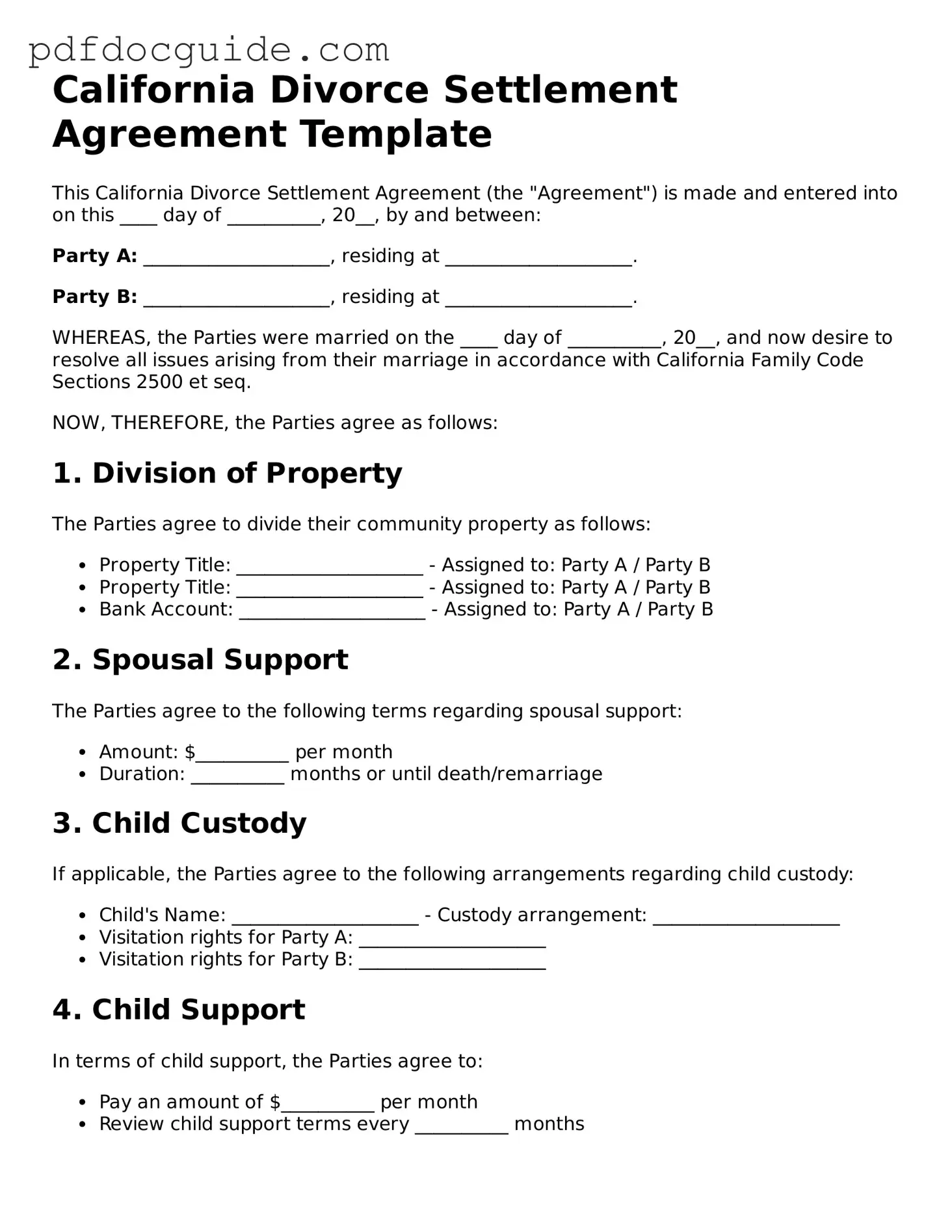 Valid  Divorce Settlement Agreement Document for California