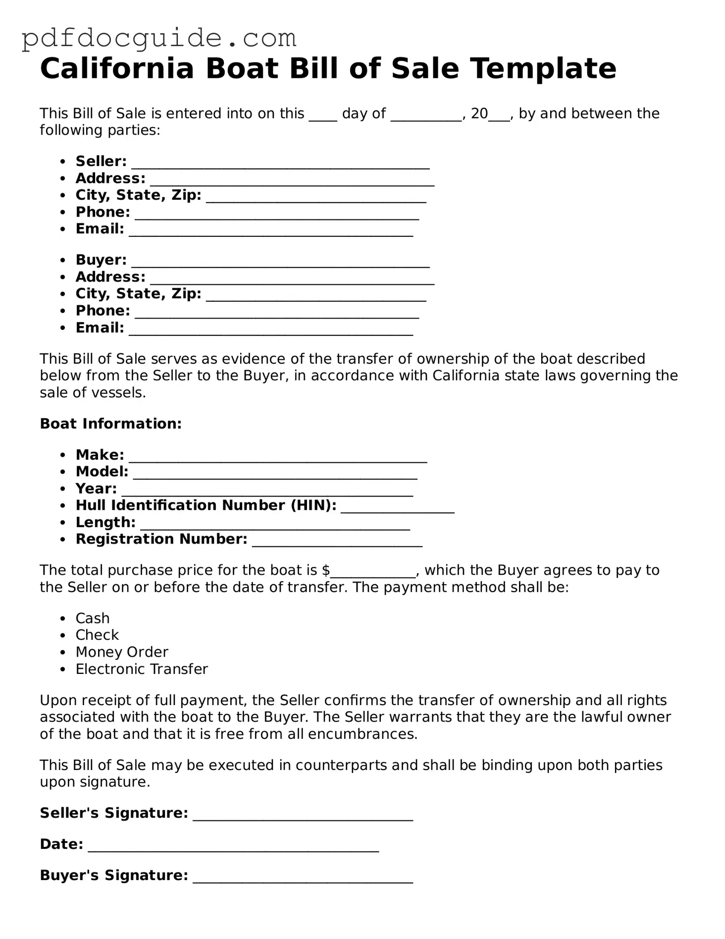 Valid  Boat Bill of Sale Document for California