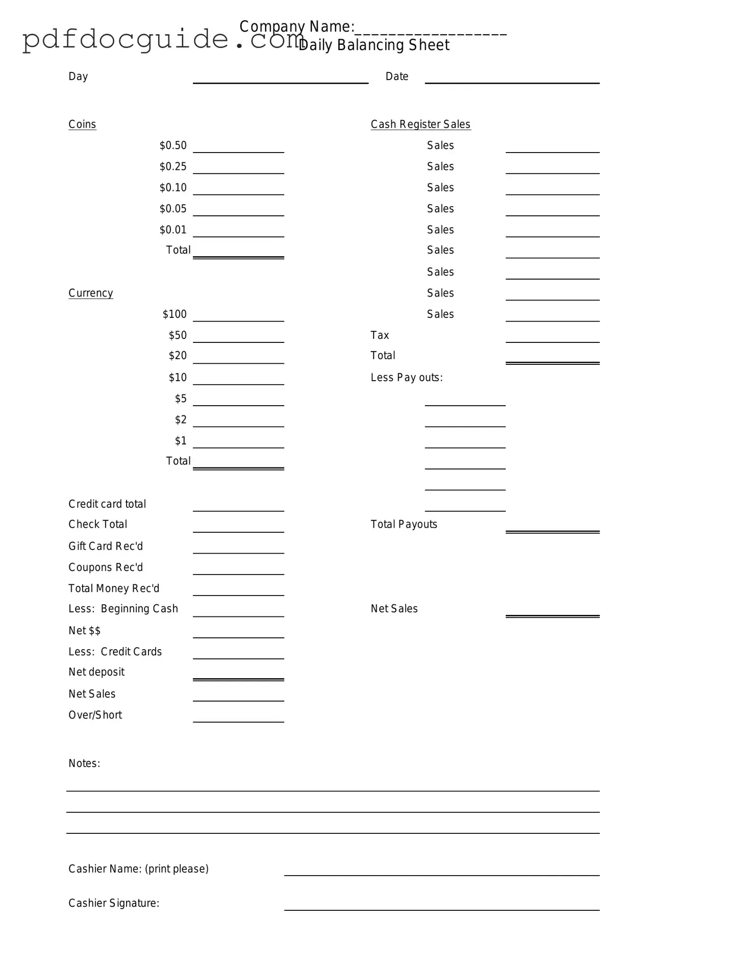 Cash Drawer Count Sheet Form