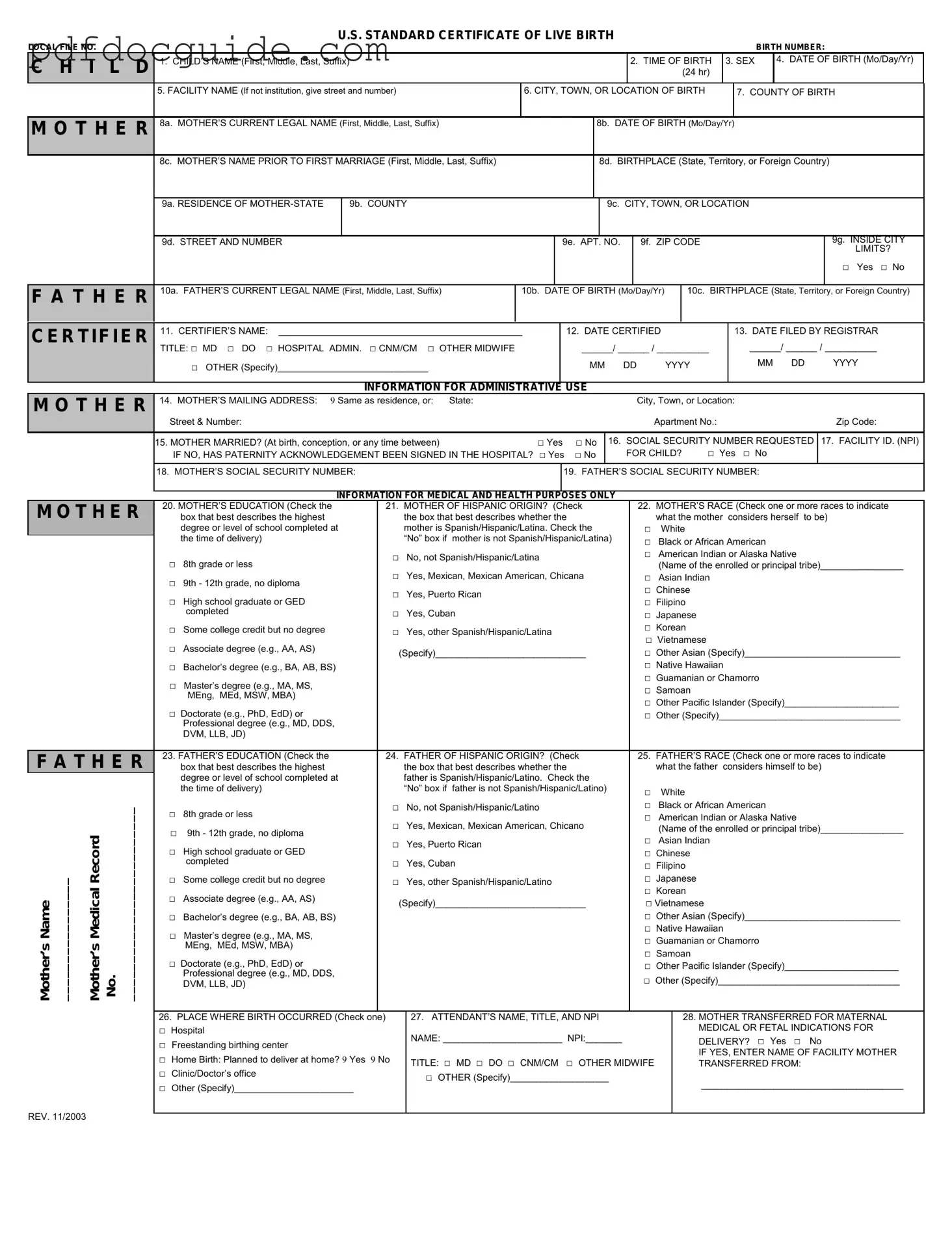 CDC U.S. Standard Certificate of Live Birth Form
