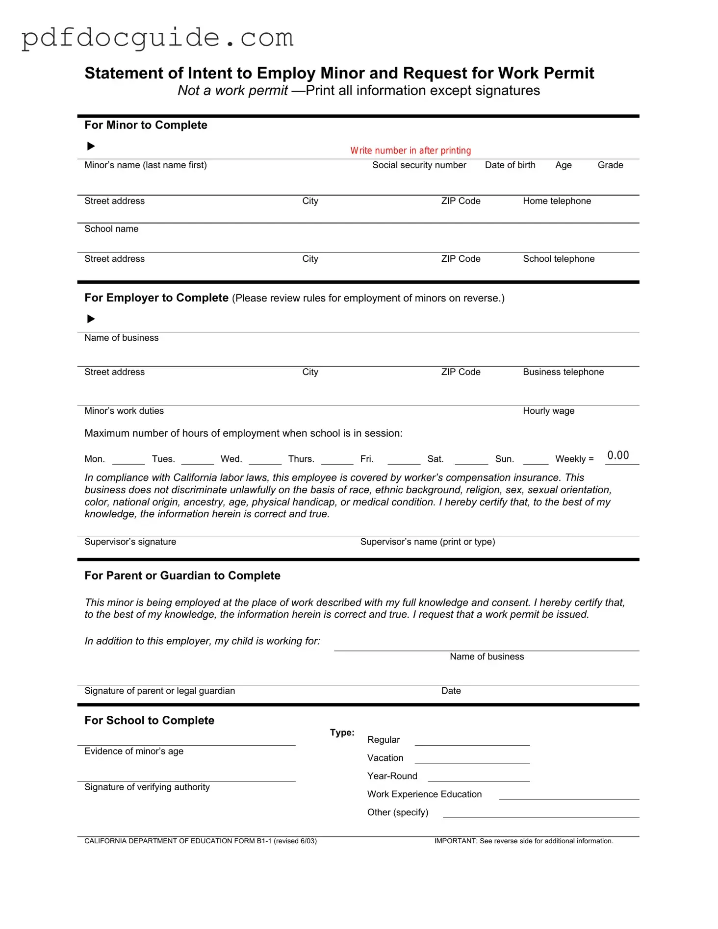 Statement of Intent to Employ Minor and Request for Work Permit Form