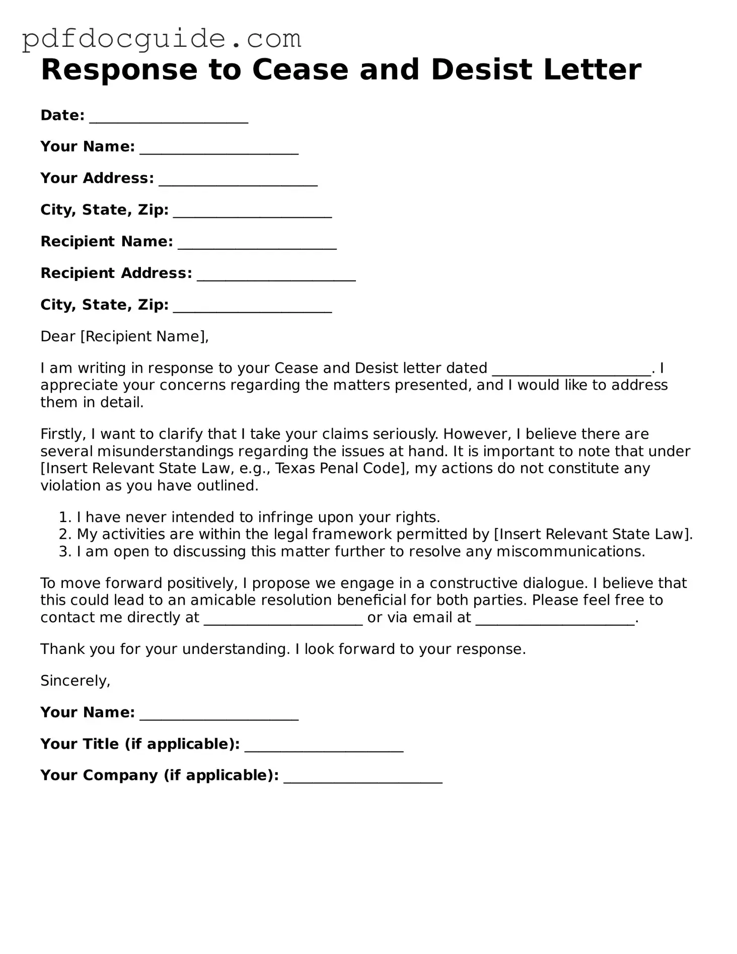Attorney-Verified Response to a Cease and Desist Letter Template