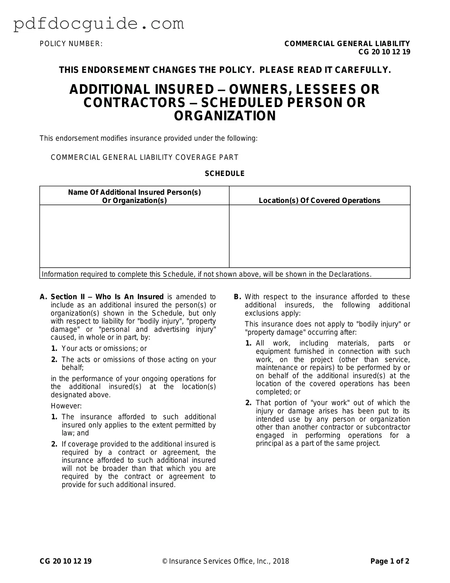 Cg 20 10 07 04 Liability Endorsement Form