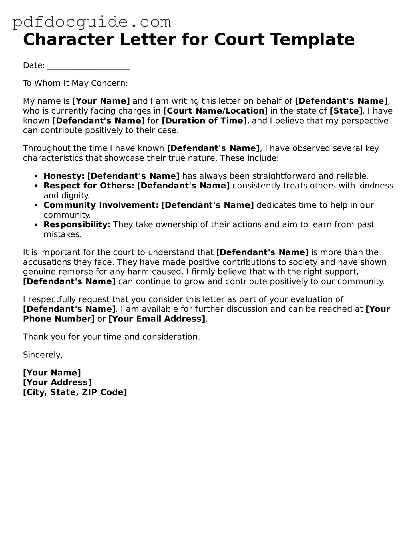 Attorney-Verified Character Letter for Court Template