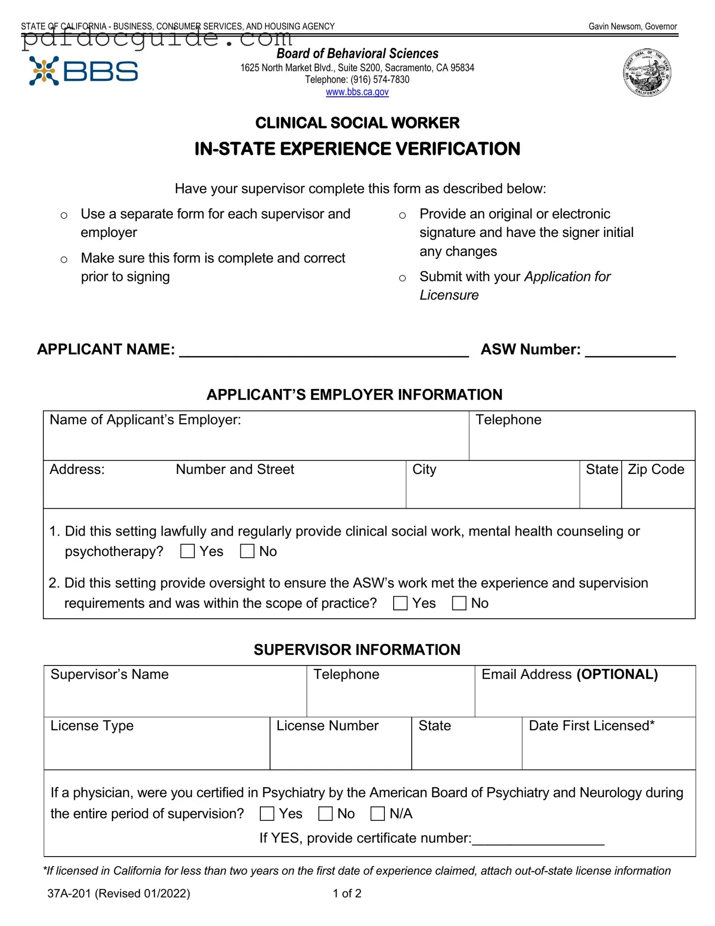 Clinical Social Experience Verification Form