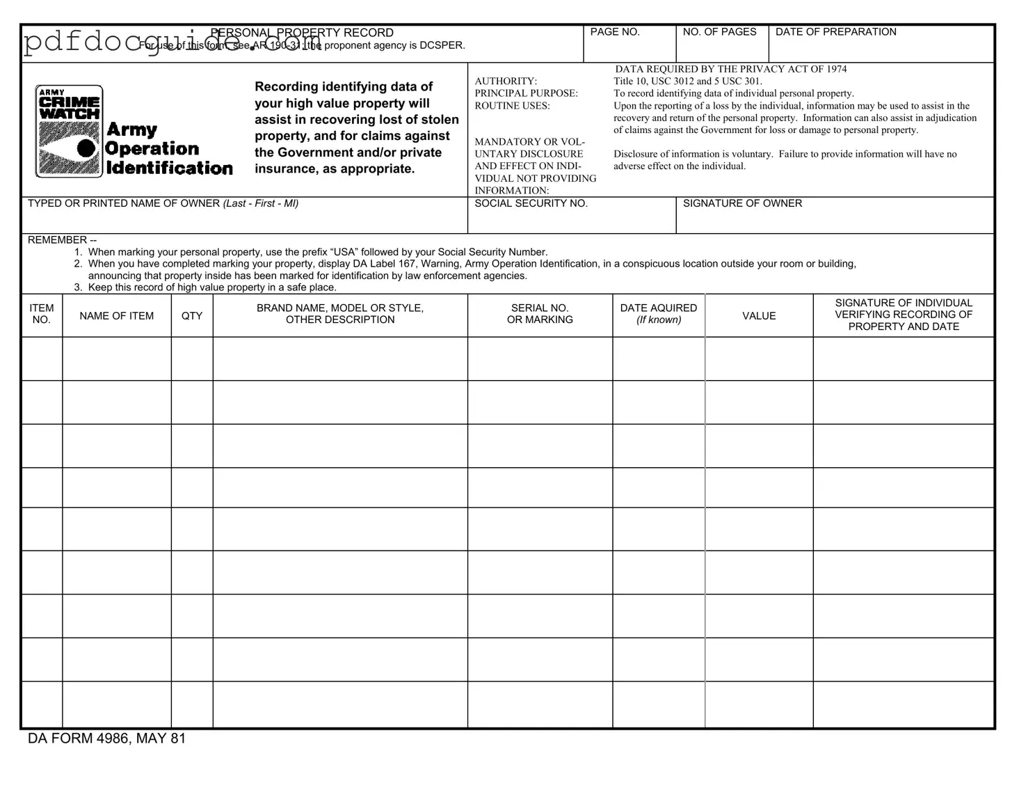 Da 4986 Form
