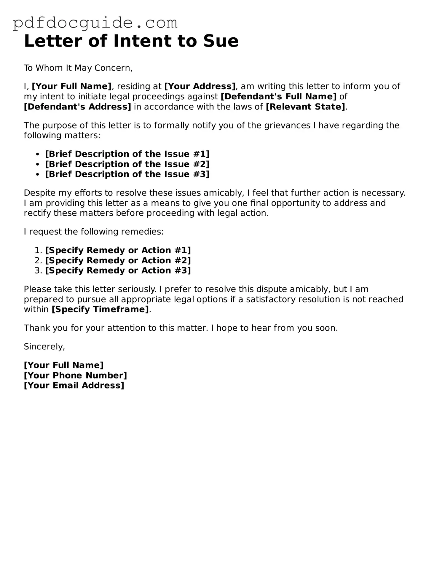 Attorney-Verified Letter of Intent to Sue Template