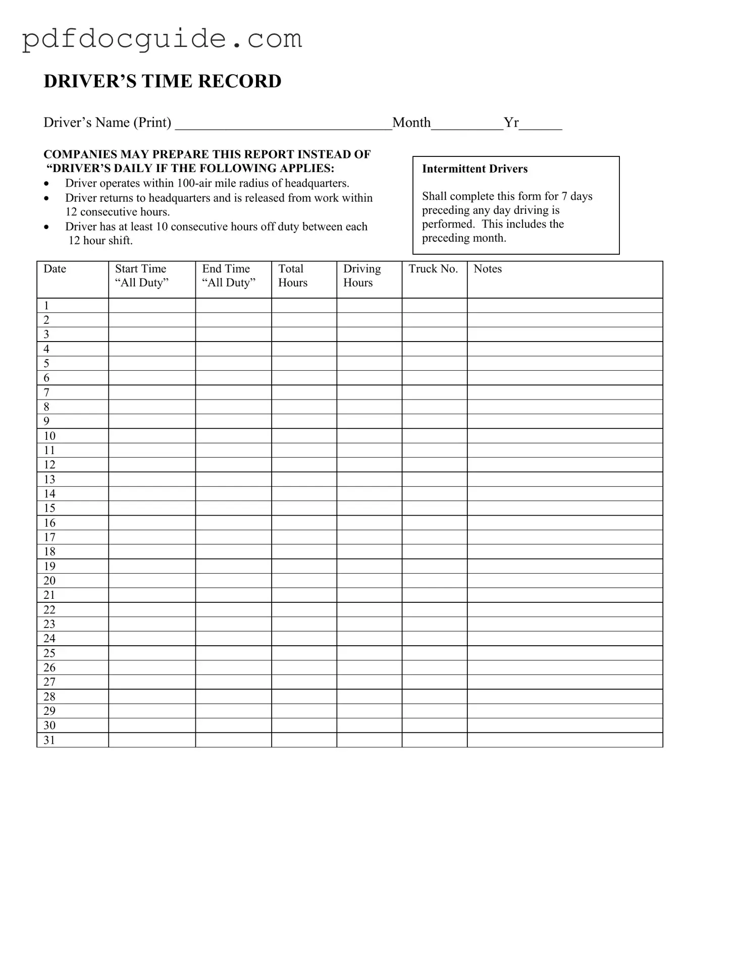 Driver Time Record Form