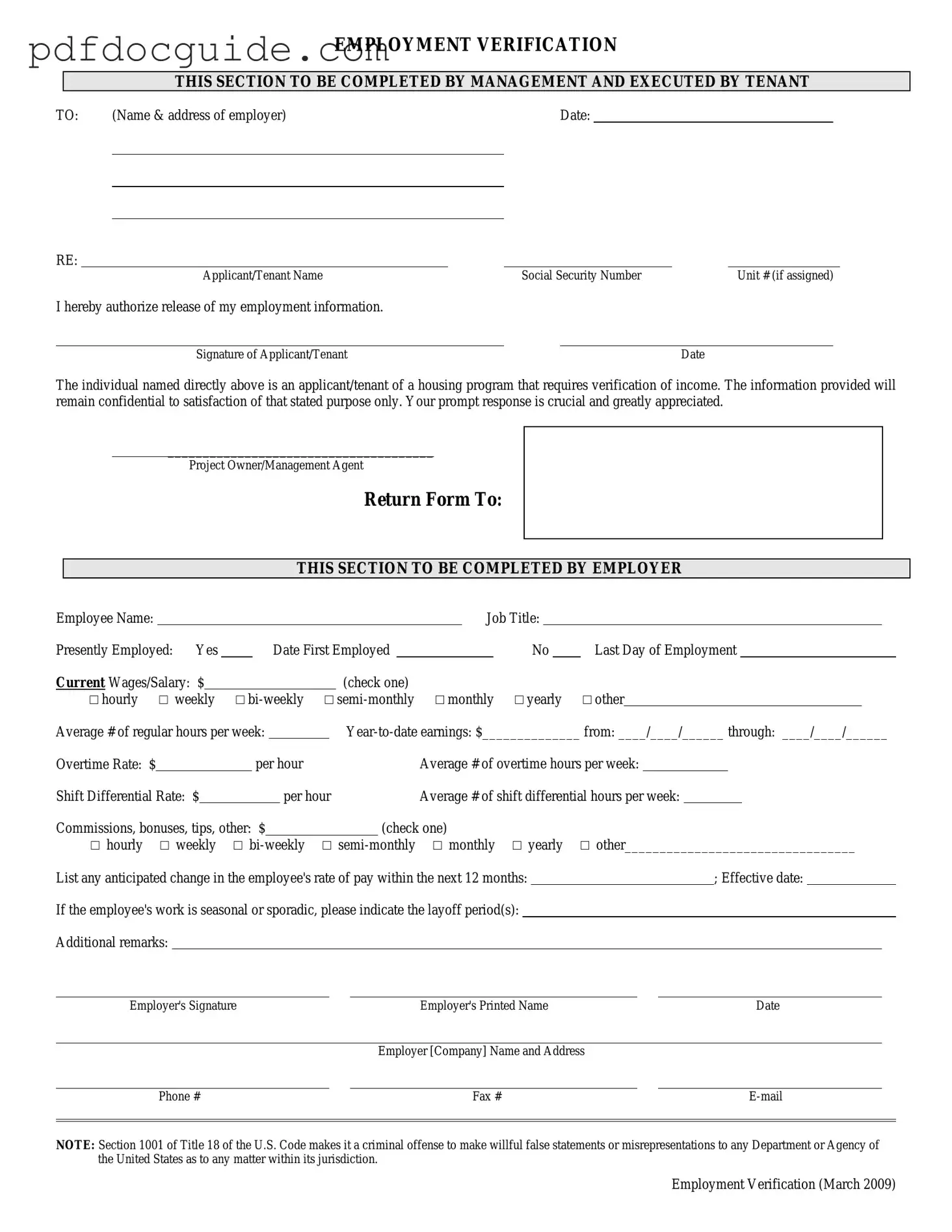 Employment verification form Form