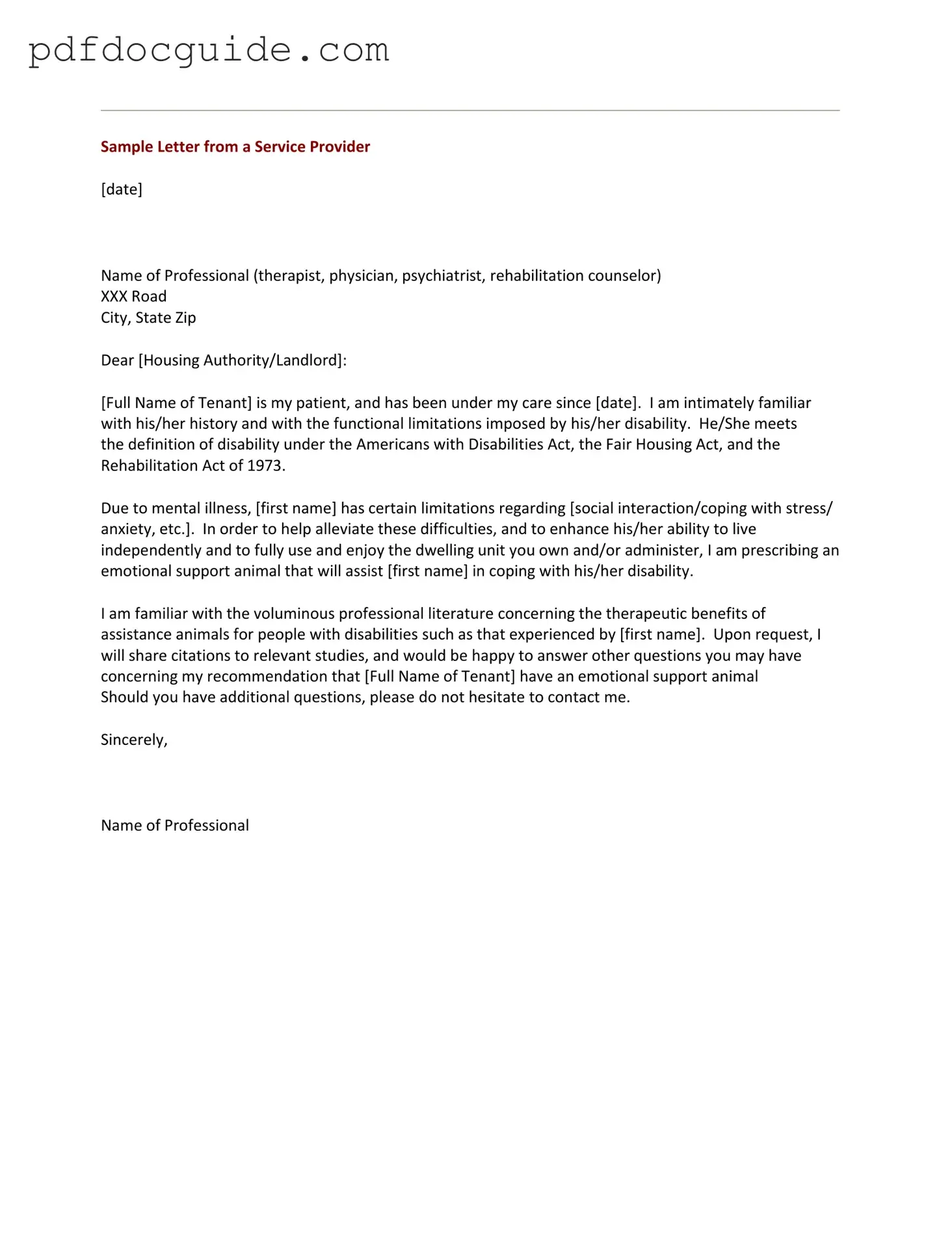 Emotional Support Animal Letter Form