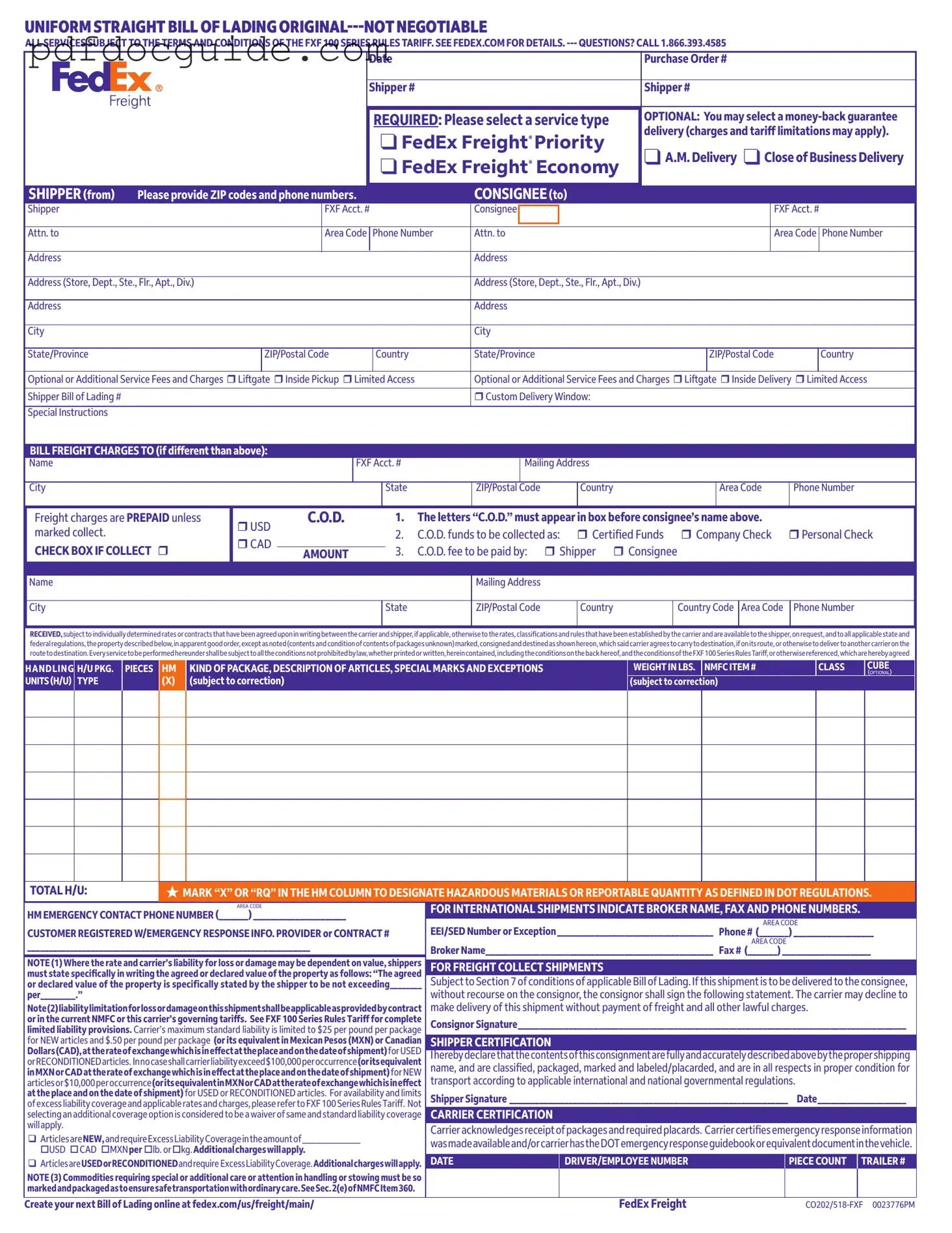 Fedex Bill Of Lading Form