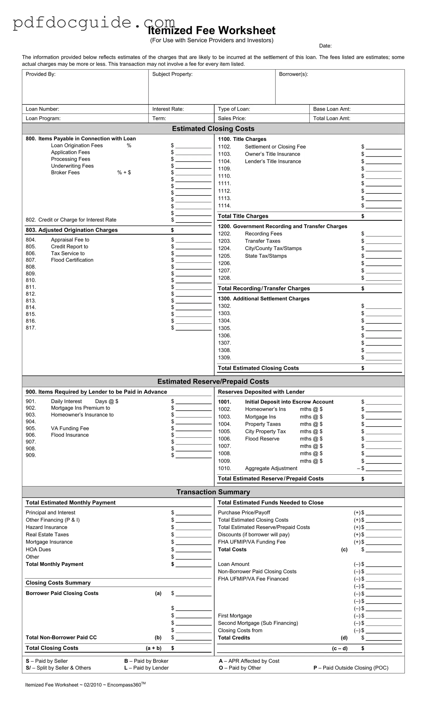 Fee Worksheet Form