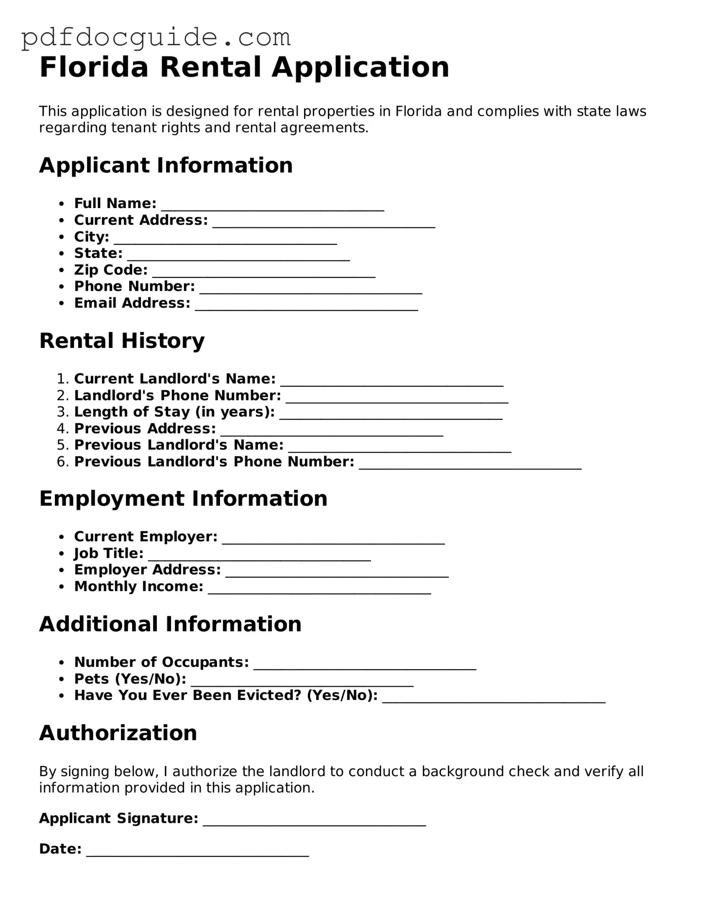 Valid  Rental Application Document for Florida