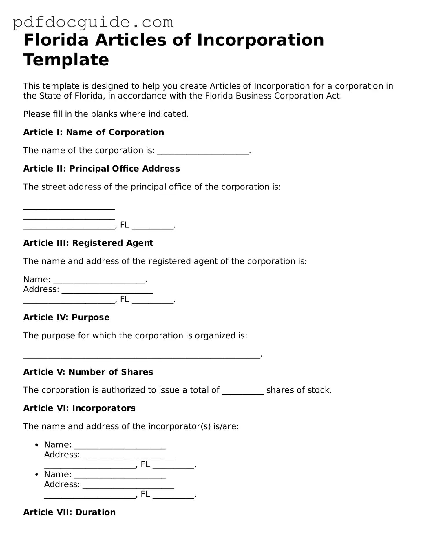 Valid  Articles of Incorporation Document for Florida