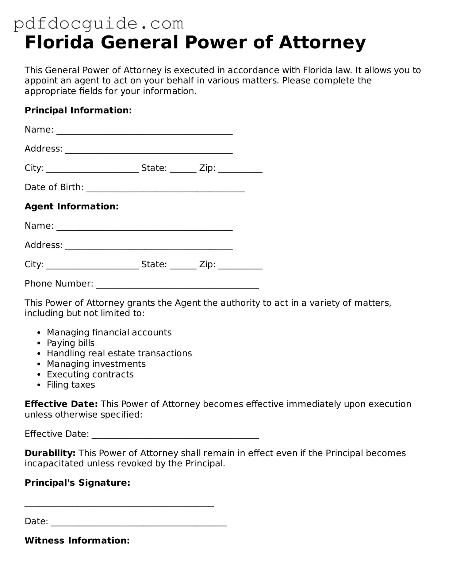 Valid  General Power of Attorney Document for Florida