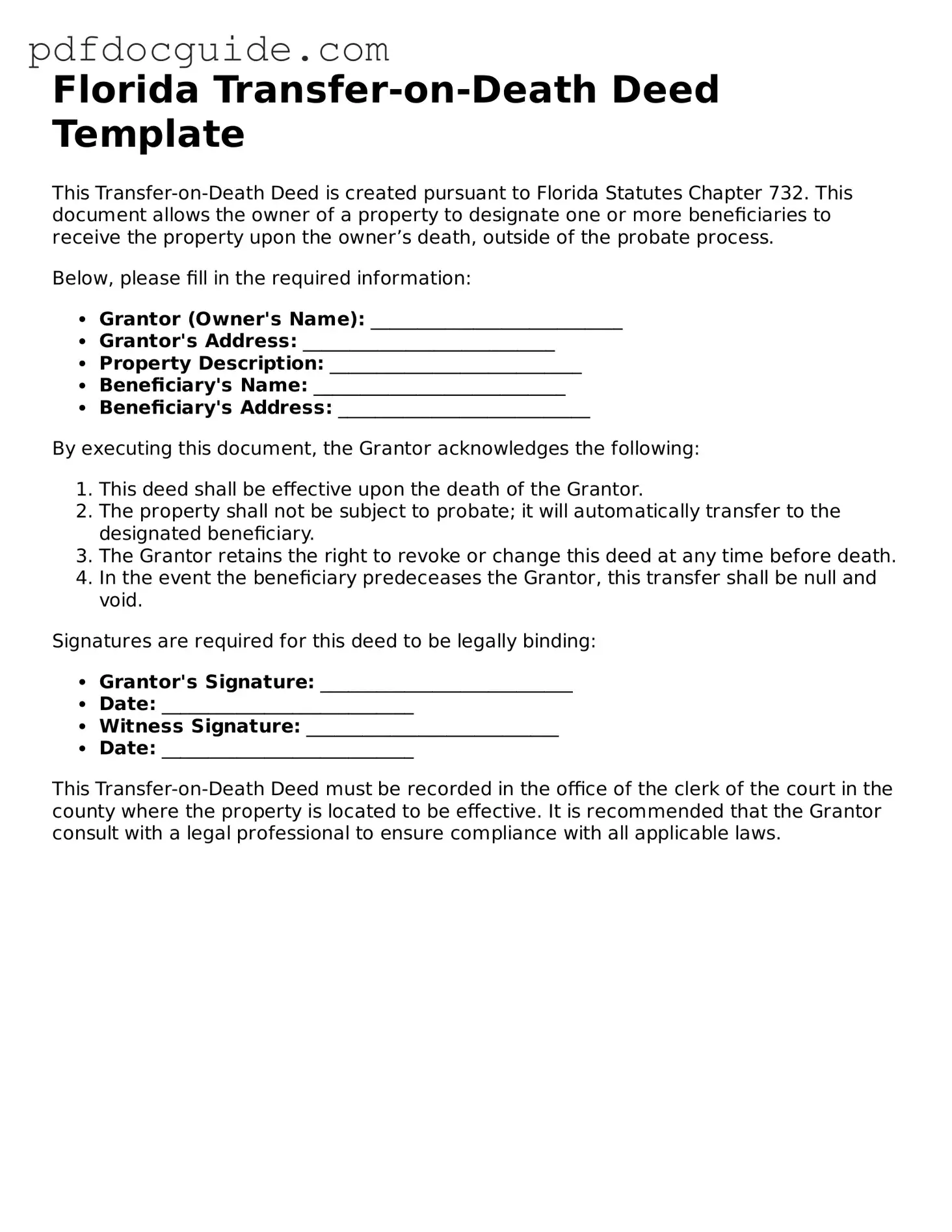 Valid  Transfer-on-Death Deed Document for Florida