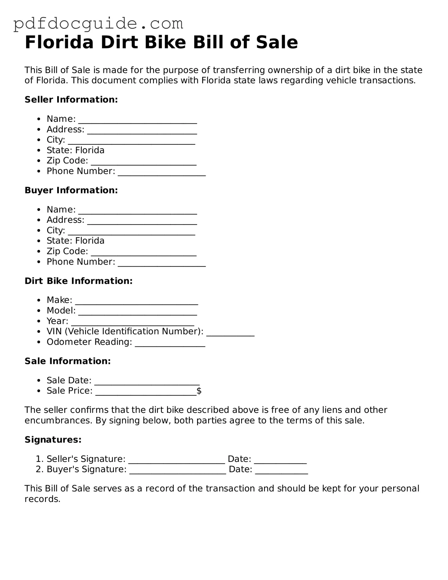Valid  Dirt Bike Bill of Sale Document for Florida
