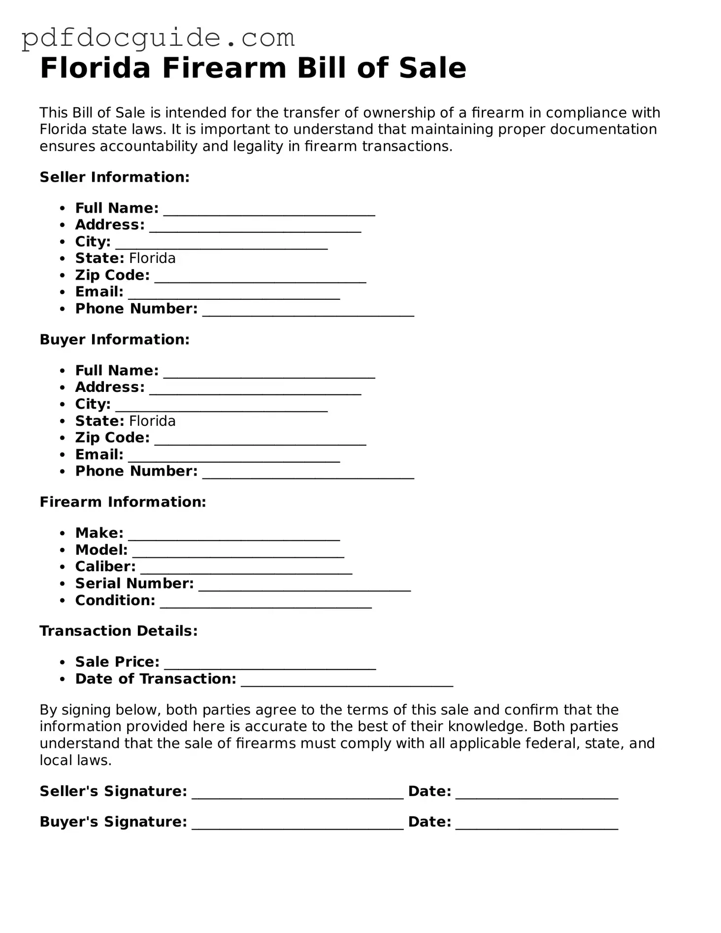 Valid  Firearm Bill of Sale Document for Florida