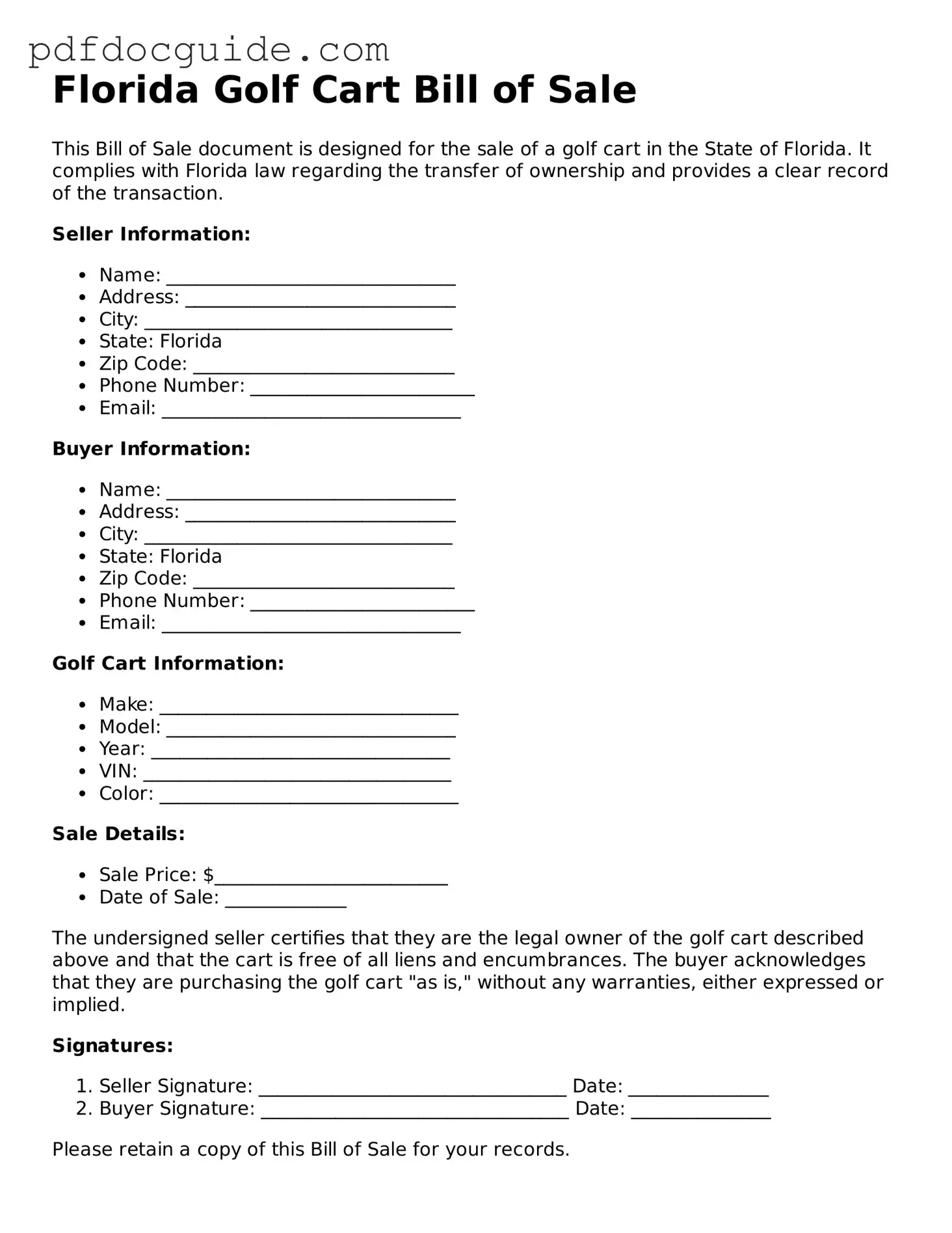 Valid  Golf Cart Bill of Sale Document for Florida