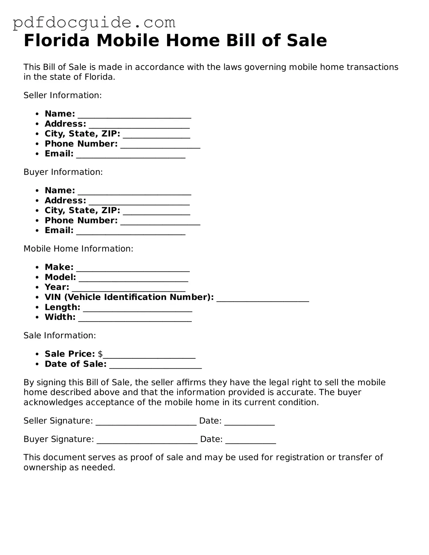 Valid  Mobile Home Bill of Sale Document for Florida