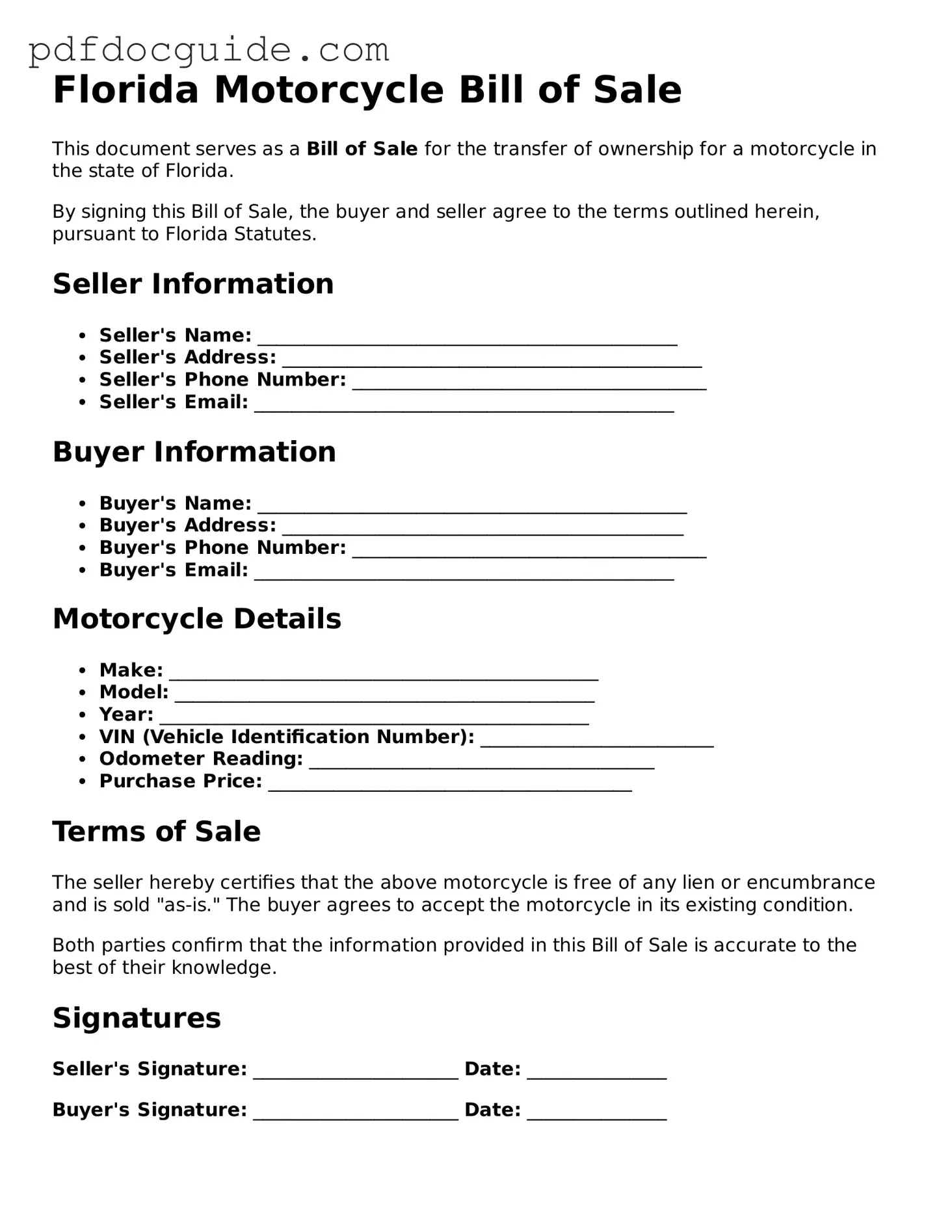 Valid  Motorcycle Bill of Sale Document for Florida