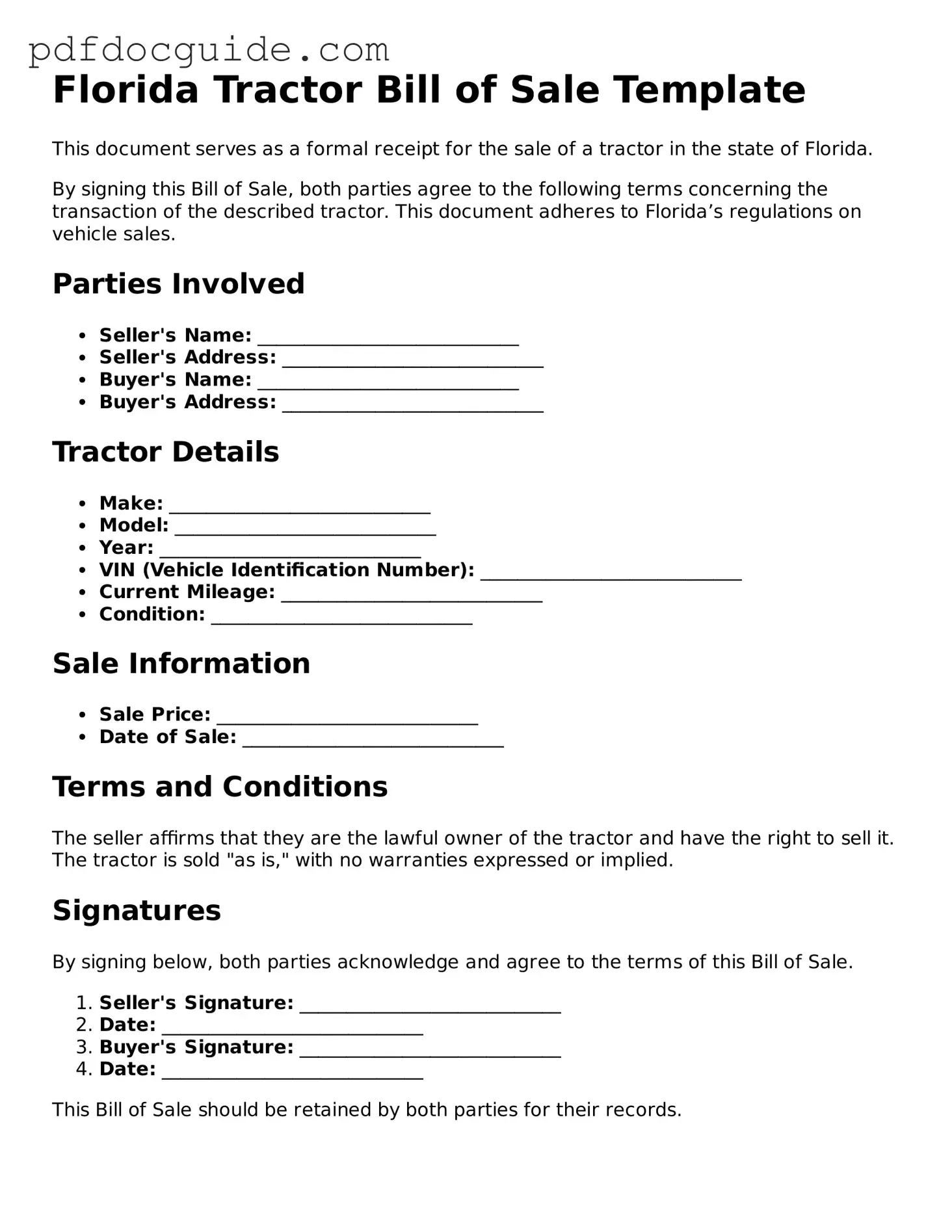 Valid  Tractor Bill of Sale Document for Florida