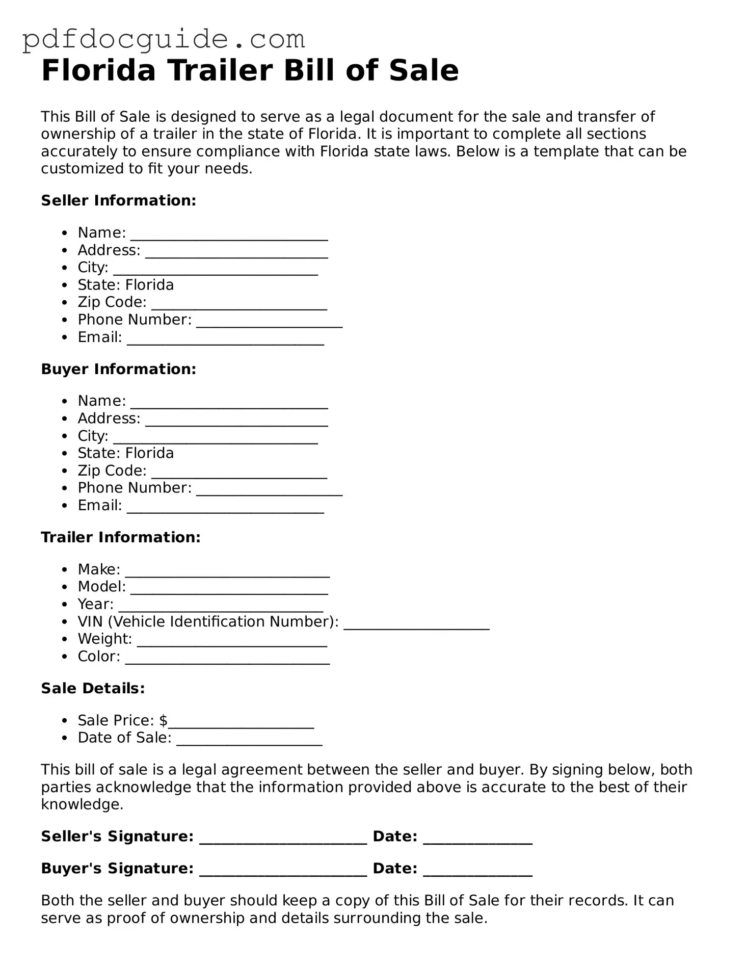 Valid  Trailer Bill of Sale Document for Florida