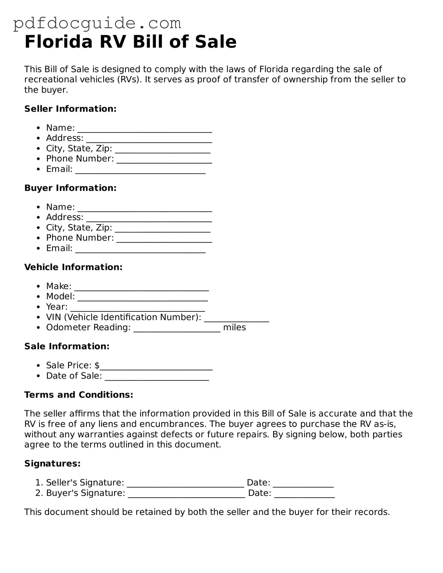Valid  RV Bill of Sale Document for Florida