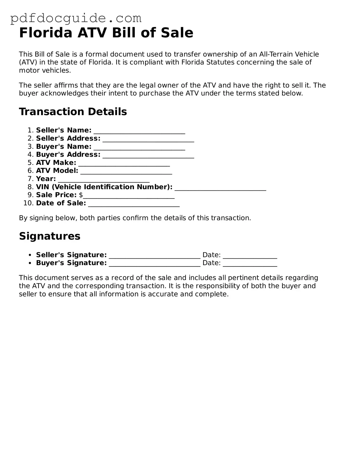 Valid  ATV Bill of Sale Document for Florida
