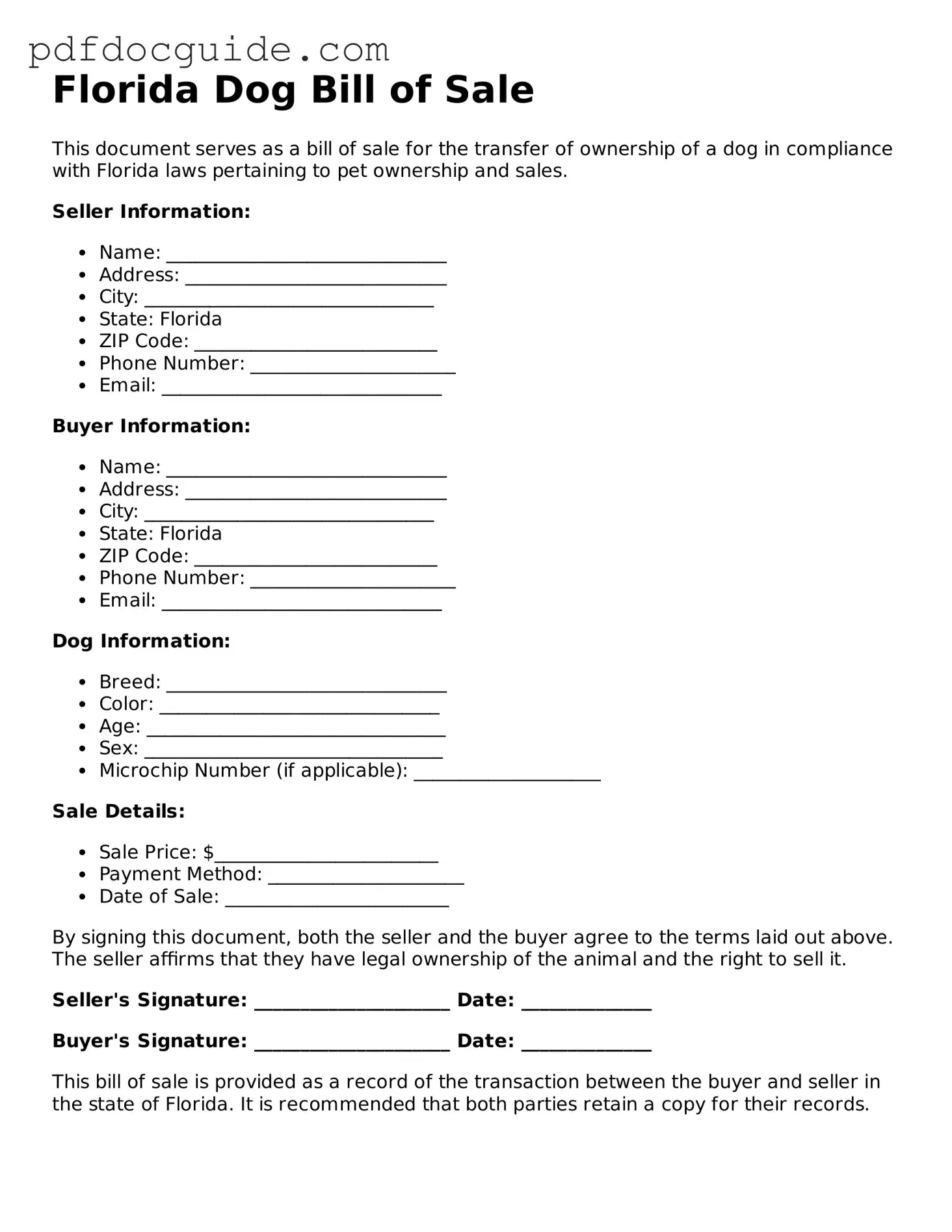 Valid  Dog Bill of Sale Document for Florida