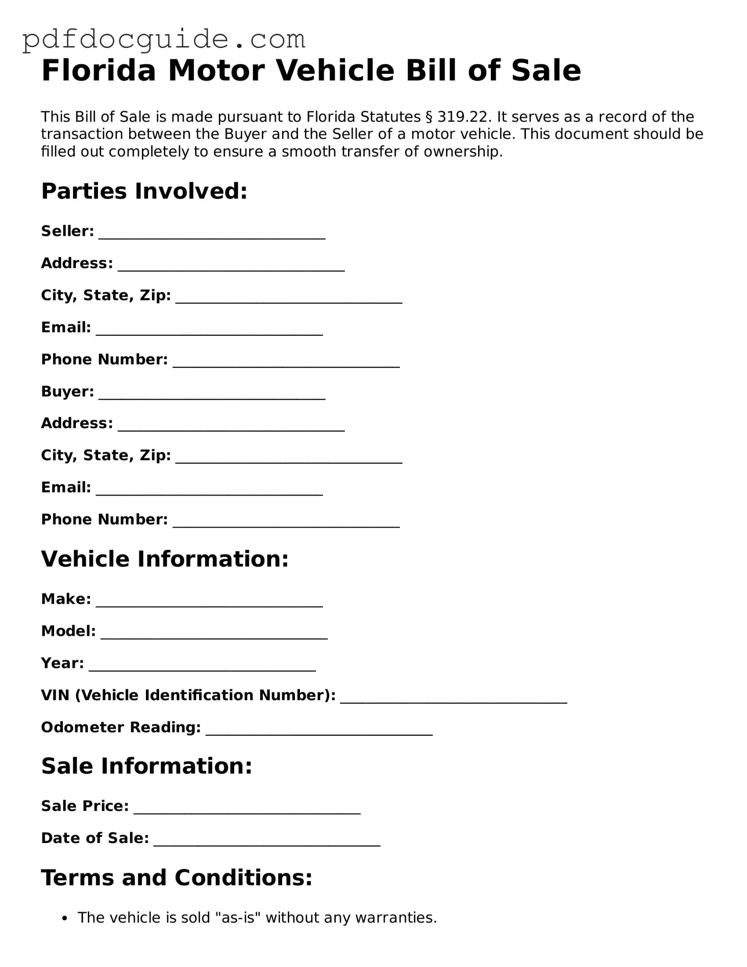 Valid  Motor Vehicle Bill of Sale Document for Florida