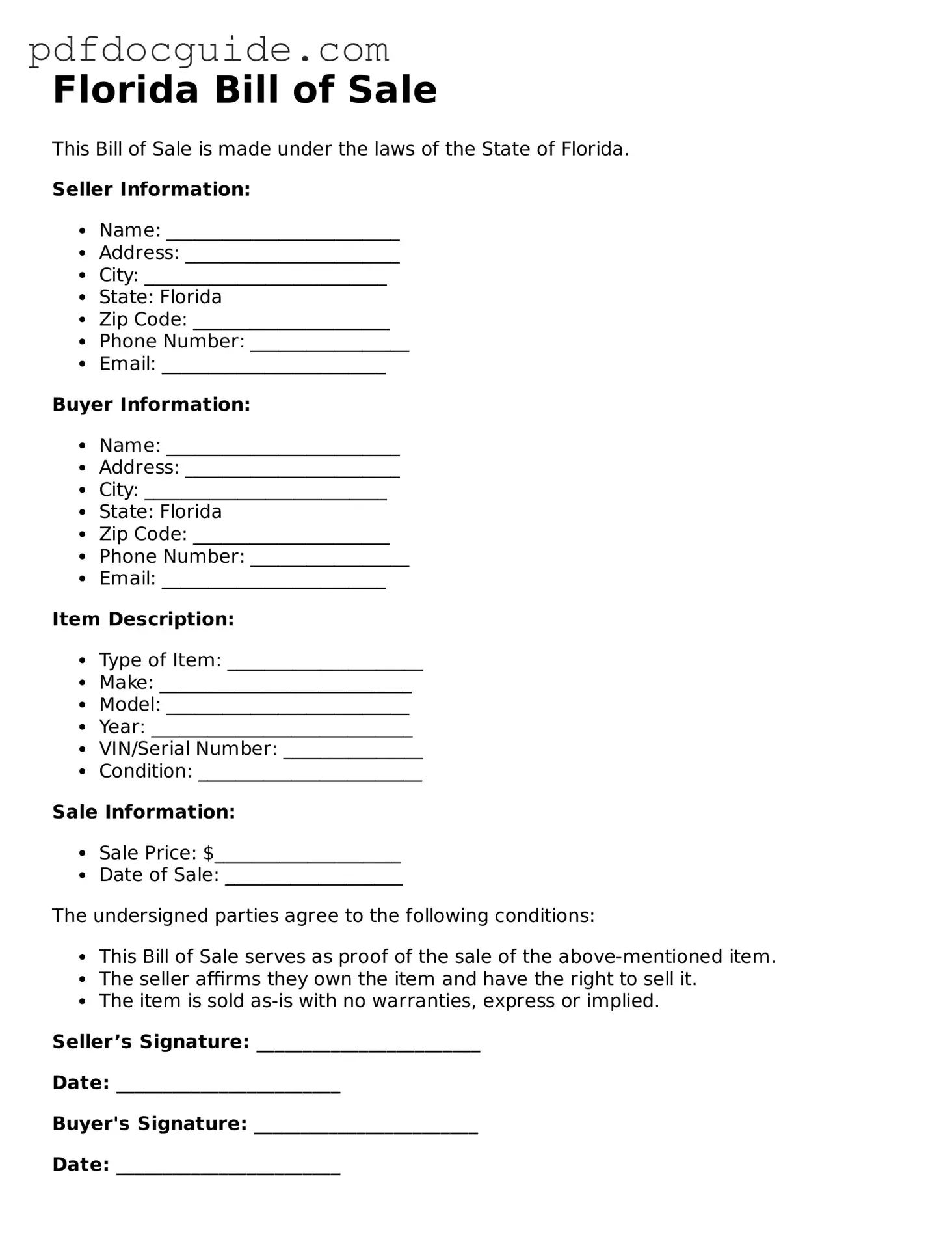 Valid  Bill of Sale Document for Florida
