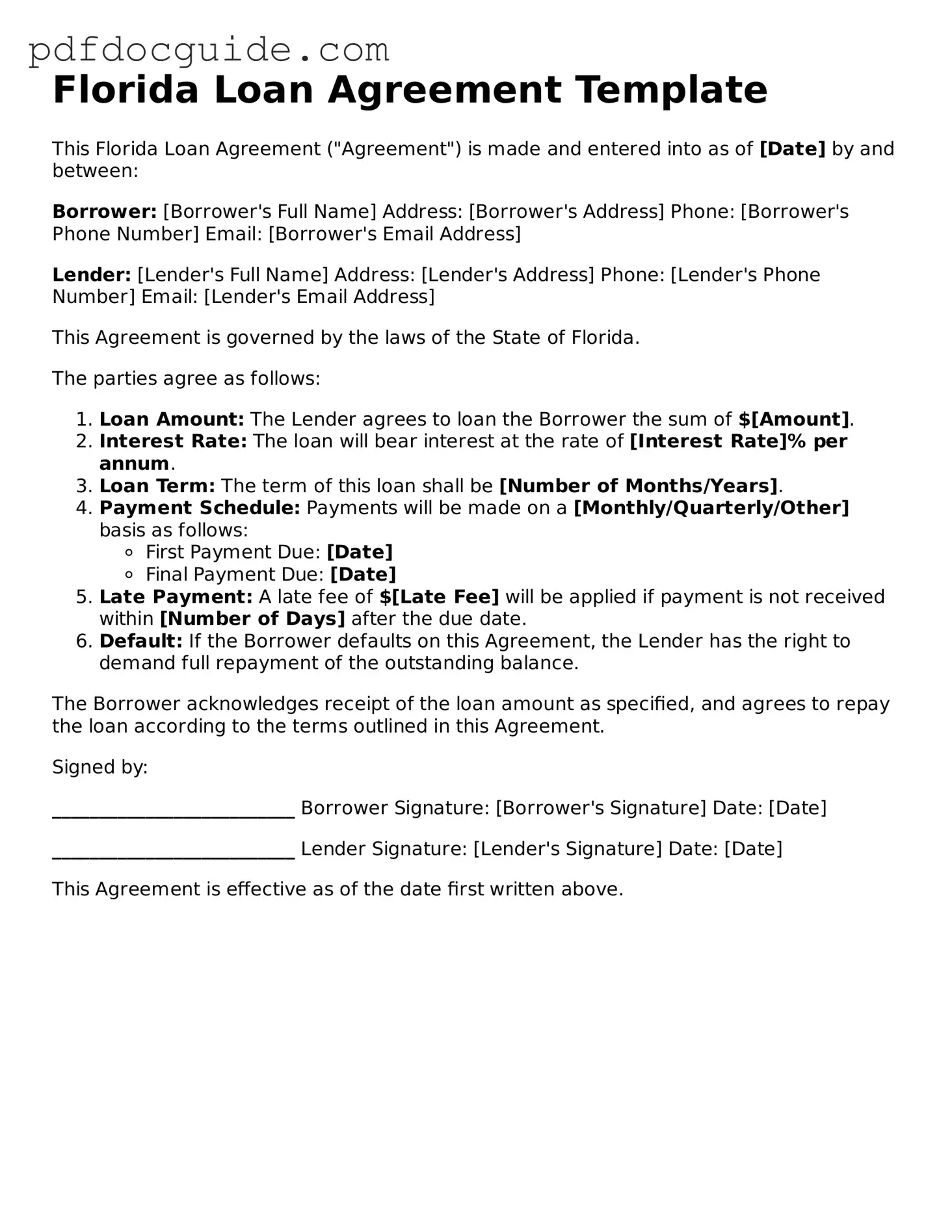 Valid  Loan Agreement Document for Florida