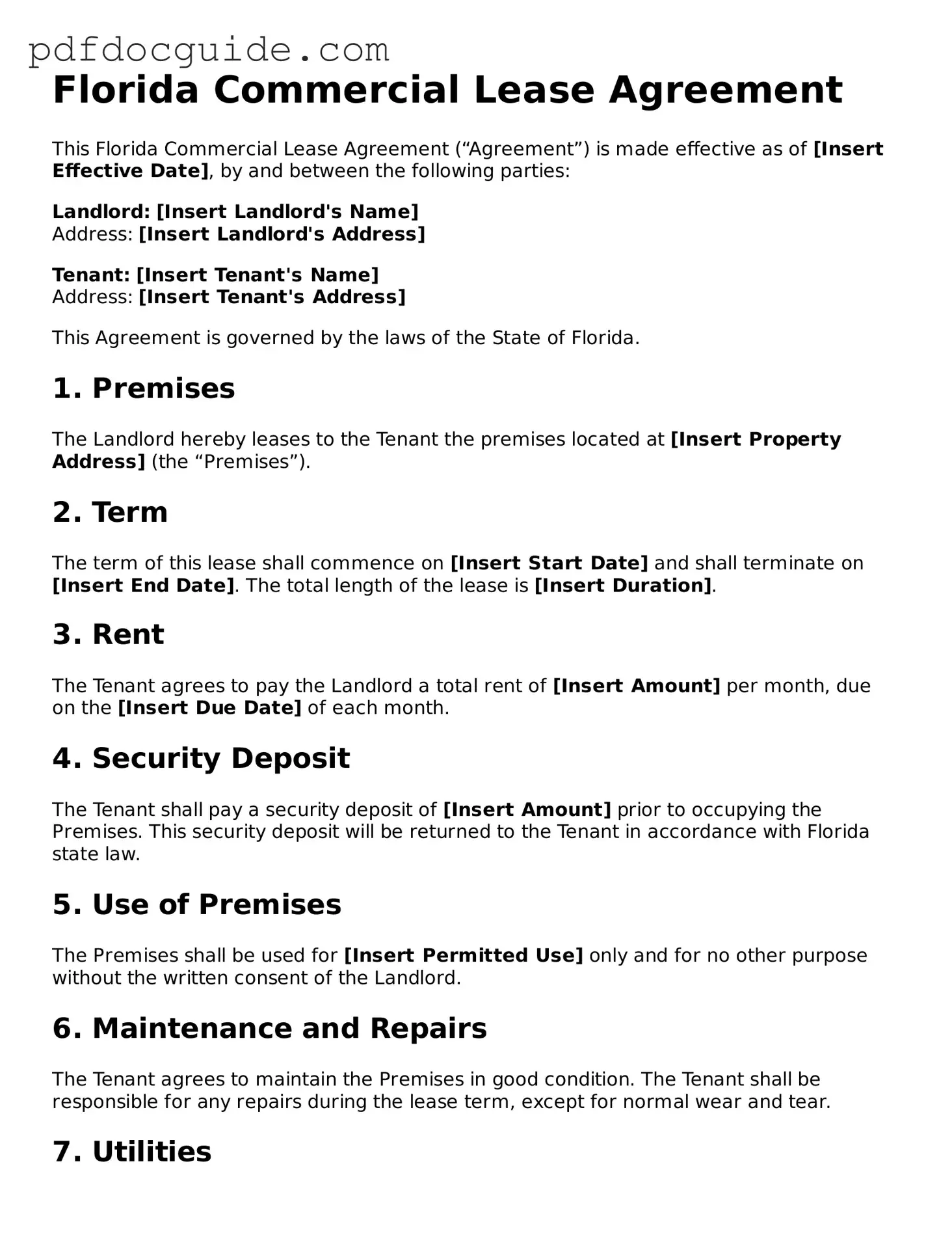 Valid  Commercial Lease Agreement Document for Florida