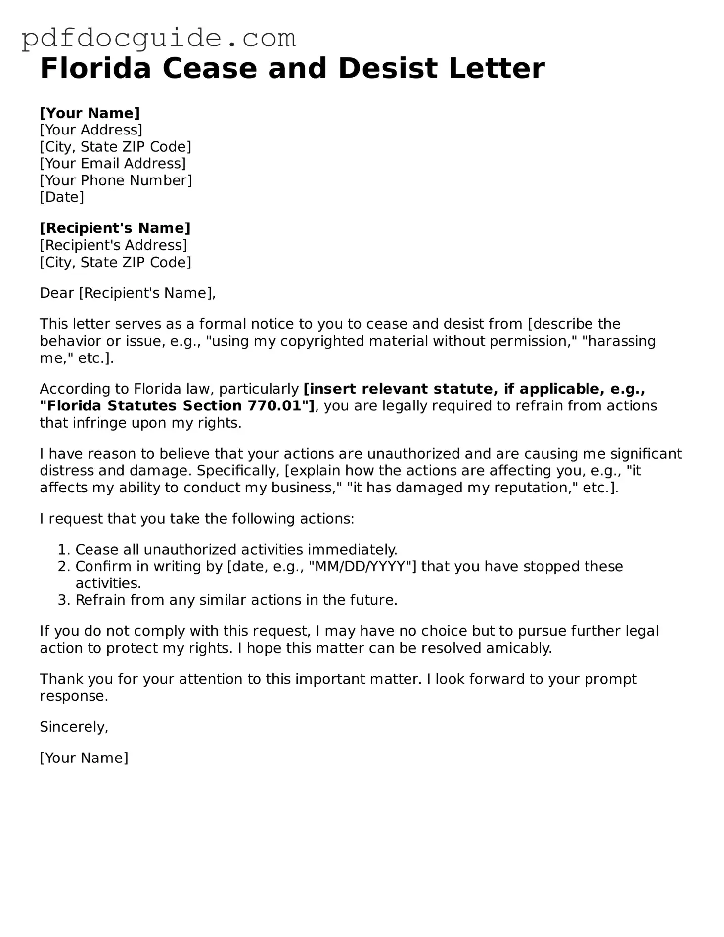 Valid  Cease and Desist Letter Document for Florida