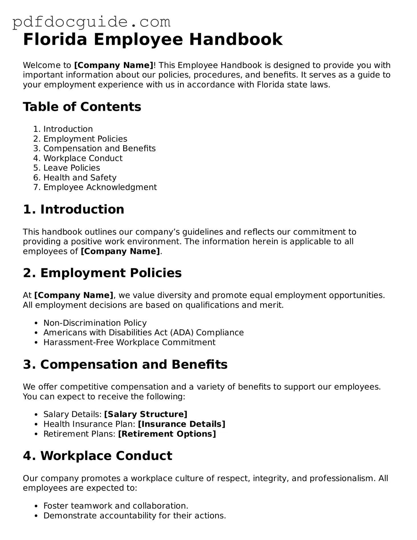 Valid  Employee Handbook Document for Florida